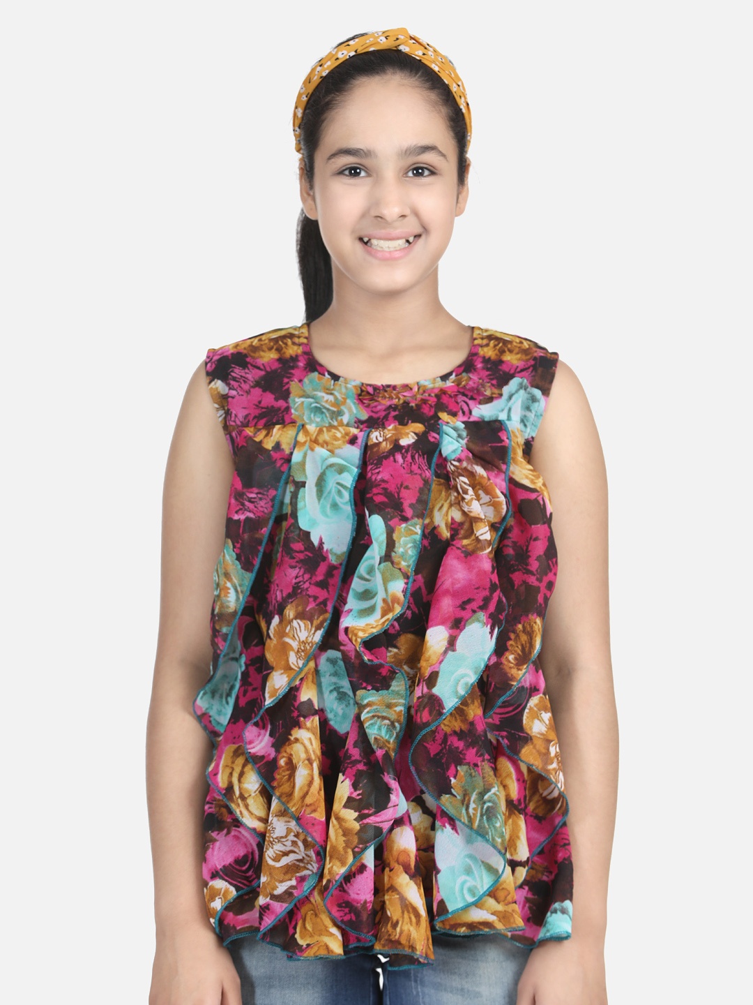Cutiekins Black & Blue Floral Crepe Regular Top