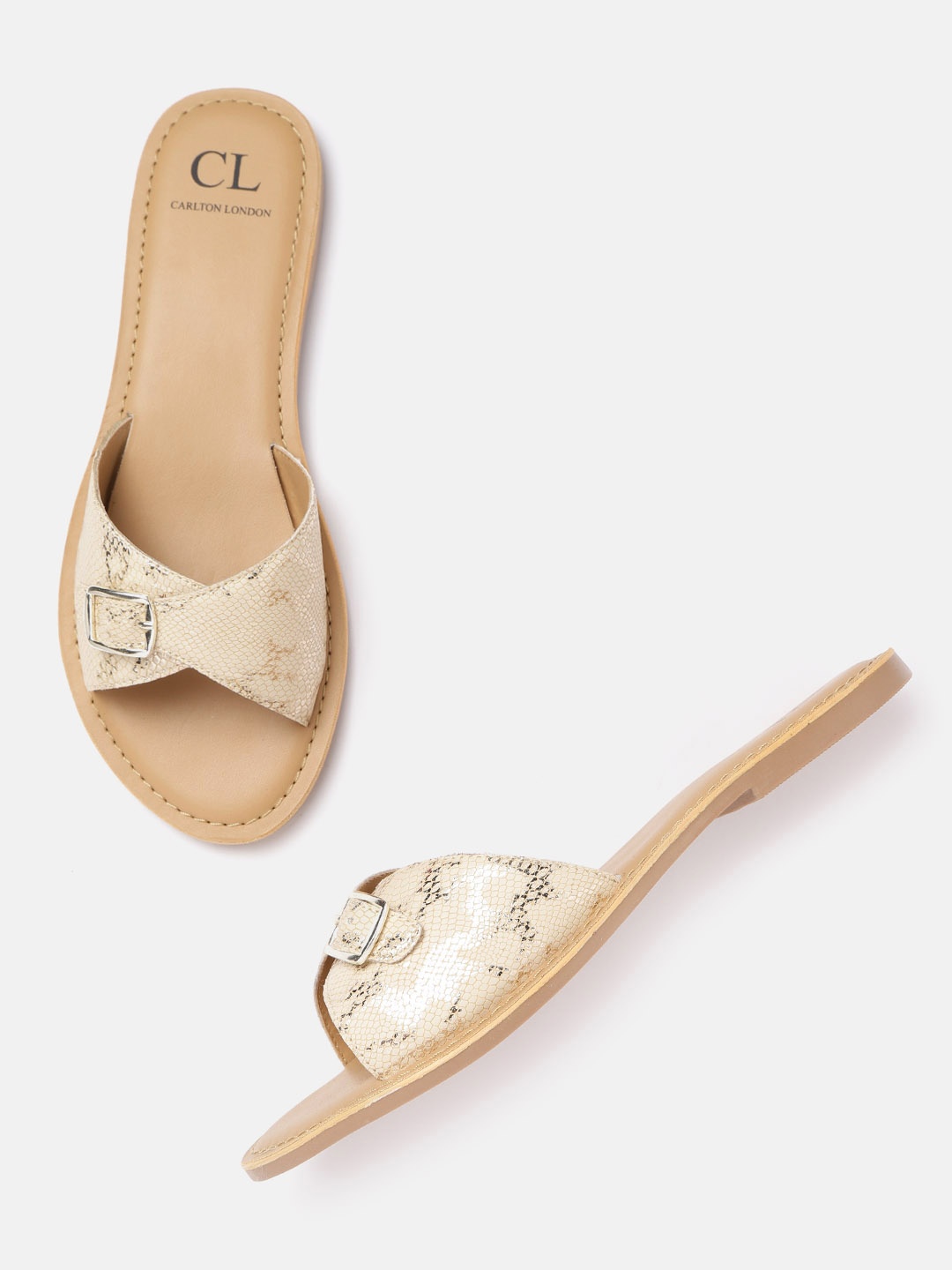 Carlton London Beige & Gold-Toned Snakeskin Textured Open Toe Flats with Buckle Detail
Carlton London Beige & Gold-Toned Snakeskin Textured Open Toe Flats with Buckle Detail