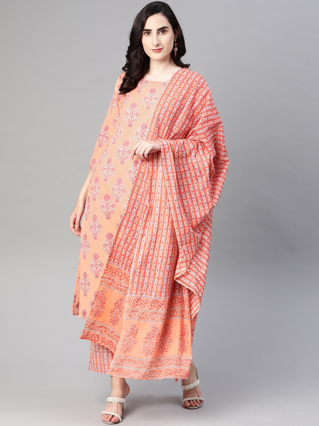 AHIKA Women Peach Colored & White Printed Sequinned Cotton Kurta with Palazzos & Dupatta
AHIKA Women Peach Colored & White Printed Sequinned Cotton Kurta with Palazzos & Dupatta