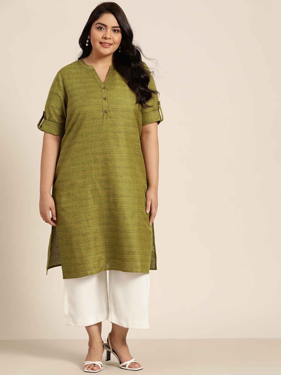 Sztori Plus Size Women Green Solid Straight Kurta