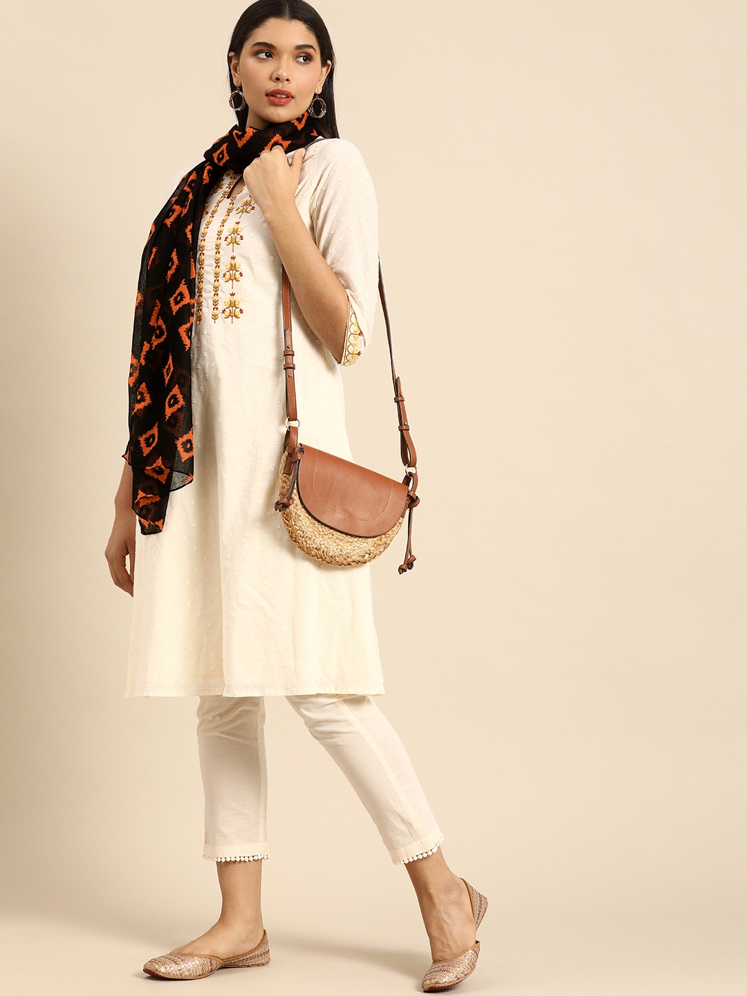 Anouk Women Black & Orange Printed Cotton Scarf