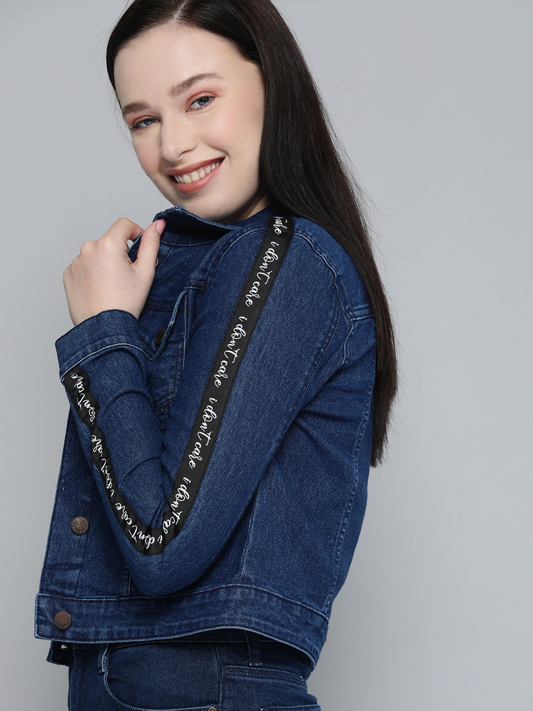 HERE&NOW Women Blue Crop Denim Jacket