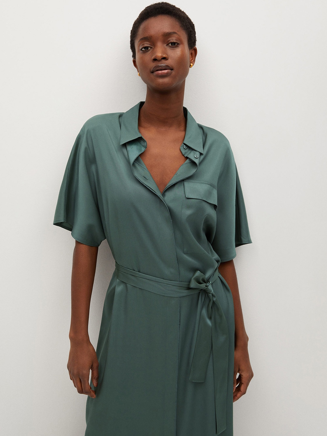 MANGO Women Blue Satin Shirt Midi Dress