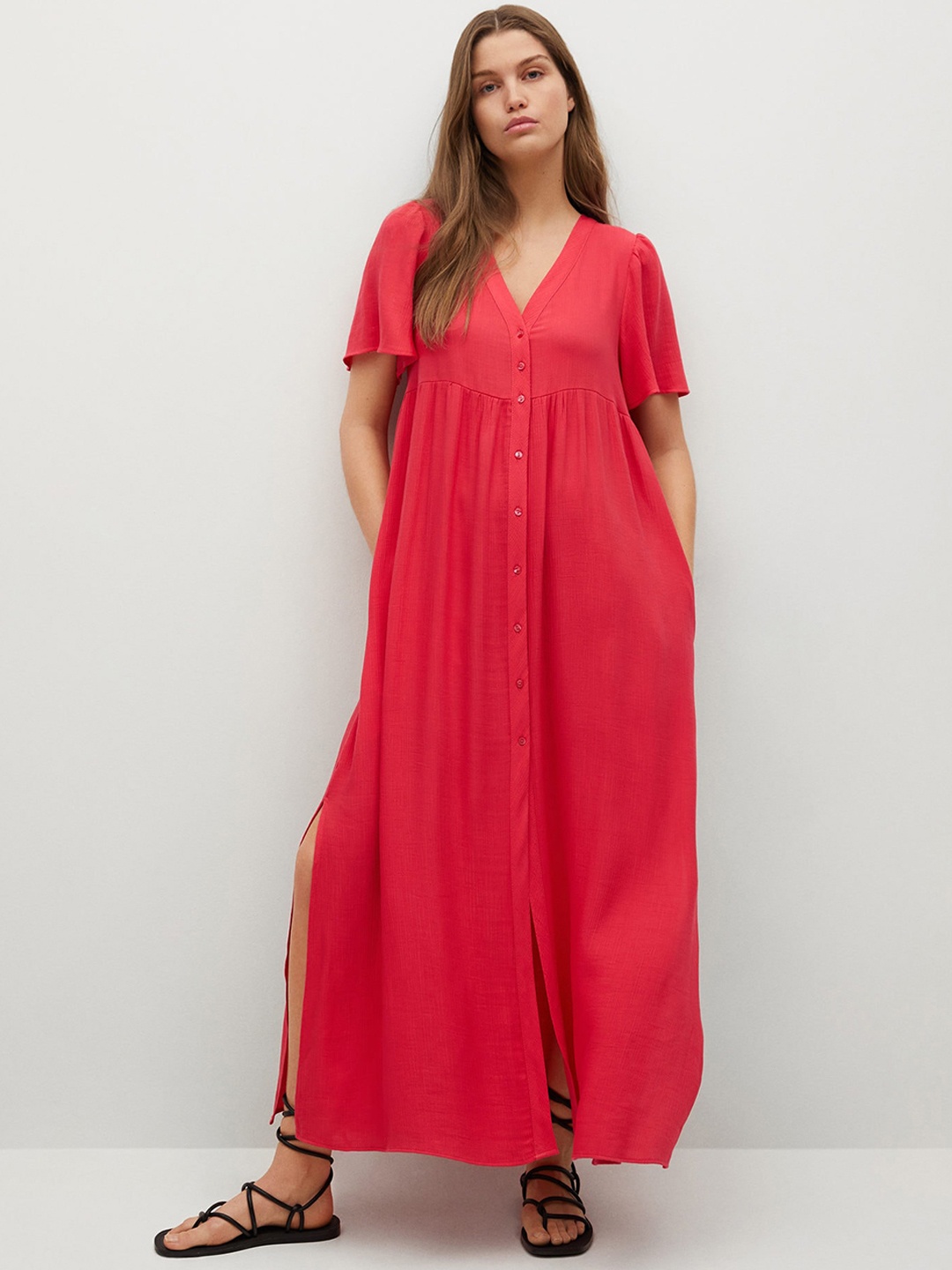 MANGO Women Coral Red Solid Maxi Dress