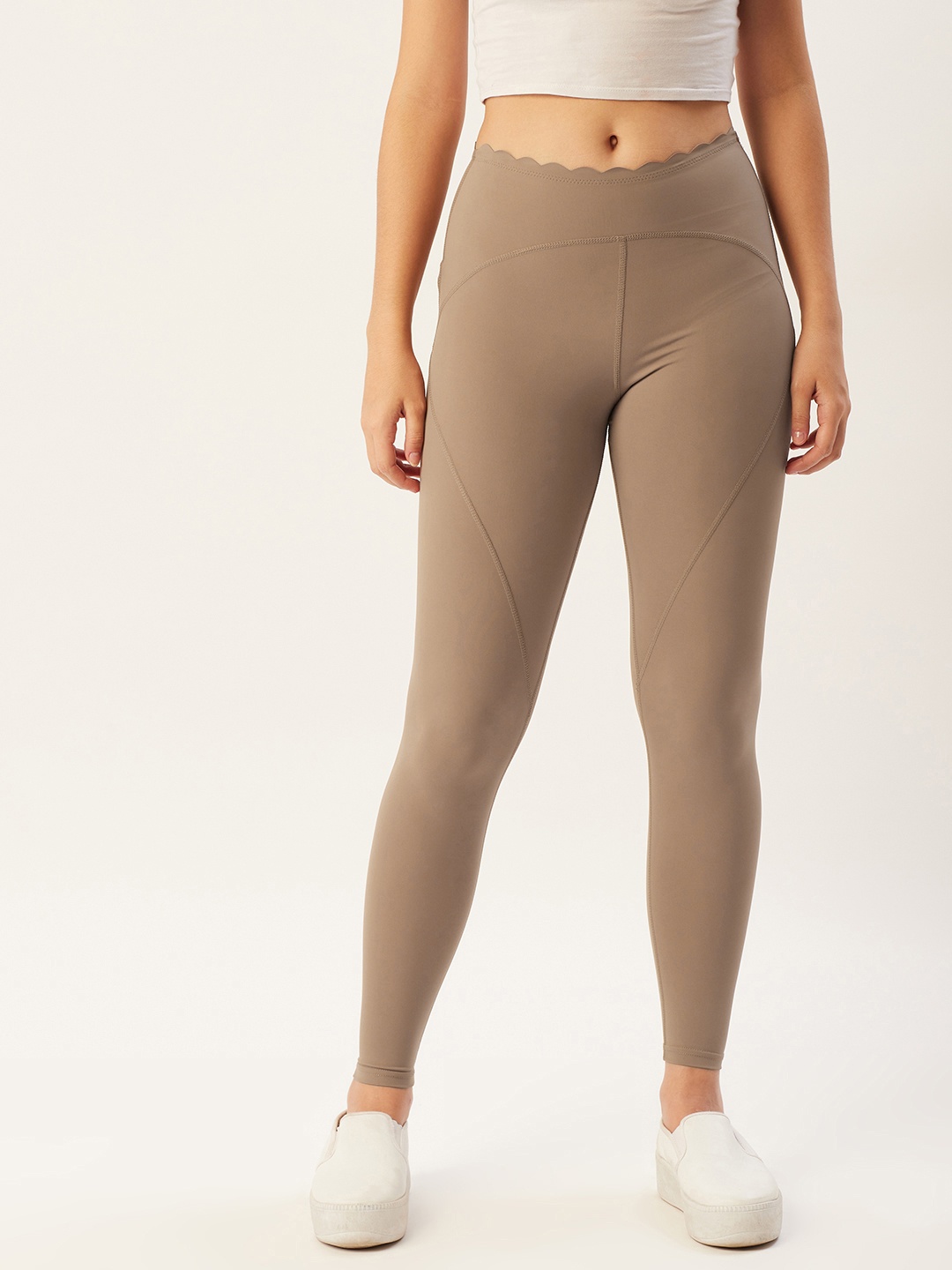 MANGO Women Khaki Solid Scalloped Leggings