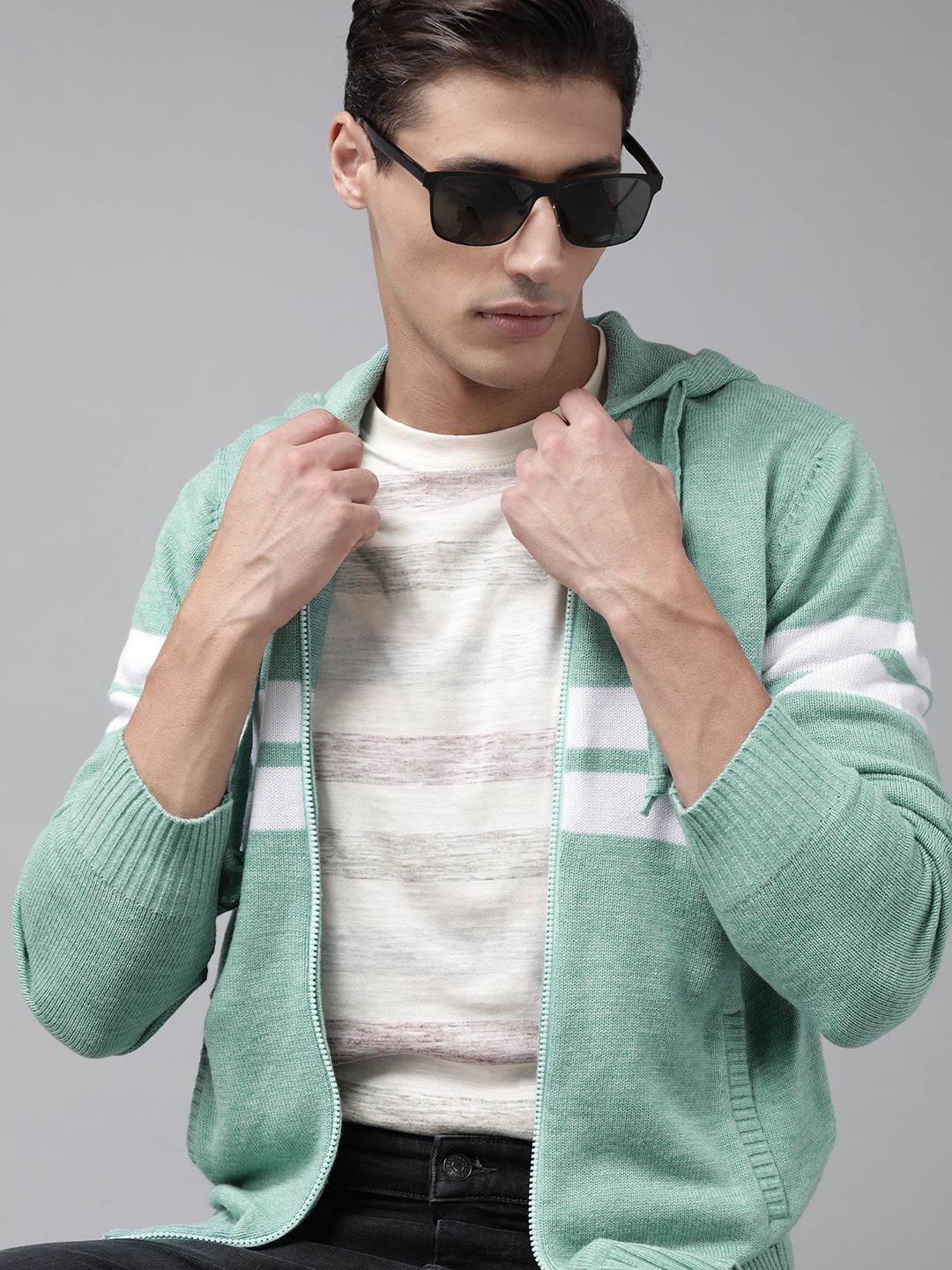 Roadster Men Sea Green & White Striped Front-Open Sweater
