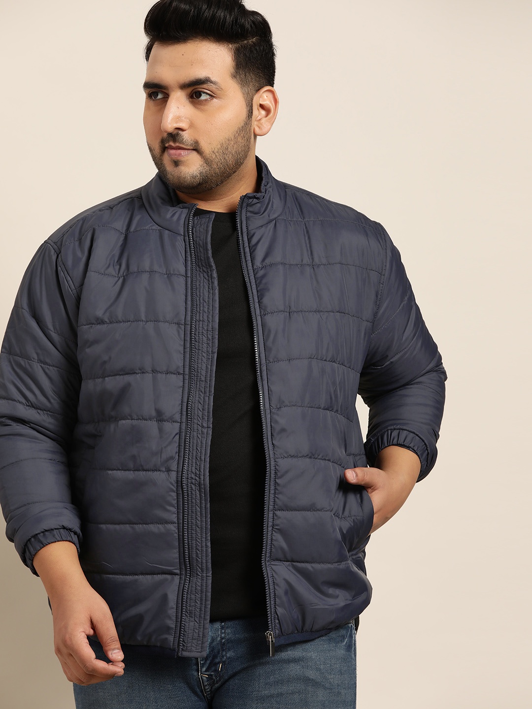 Sztori Men Plus Size Navy Blue Solid Padded Jacket
