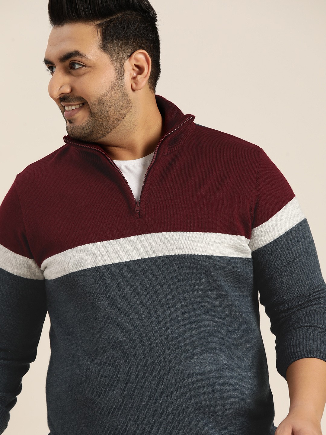 Sztori Men Plus Size Navy Blue & Maroon Colourblocked Striped Detail Half Zipper Pullover
Sztori Men Plus Size Navy Blue & Maroon Colourblocked Striped Detail Half Zipper Pullover