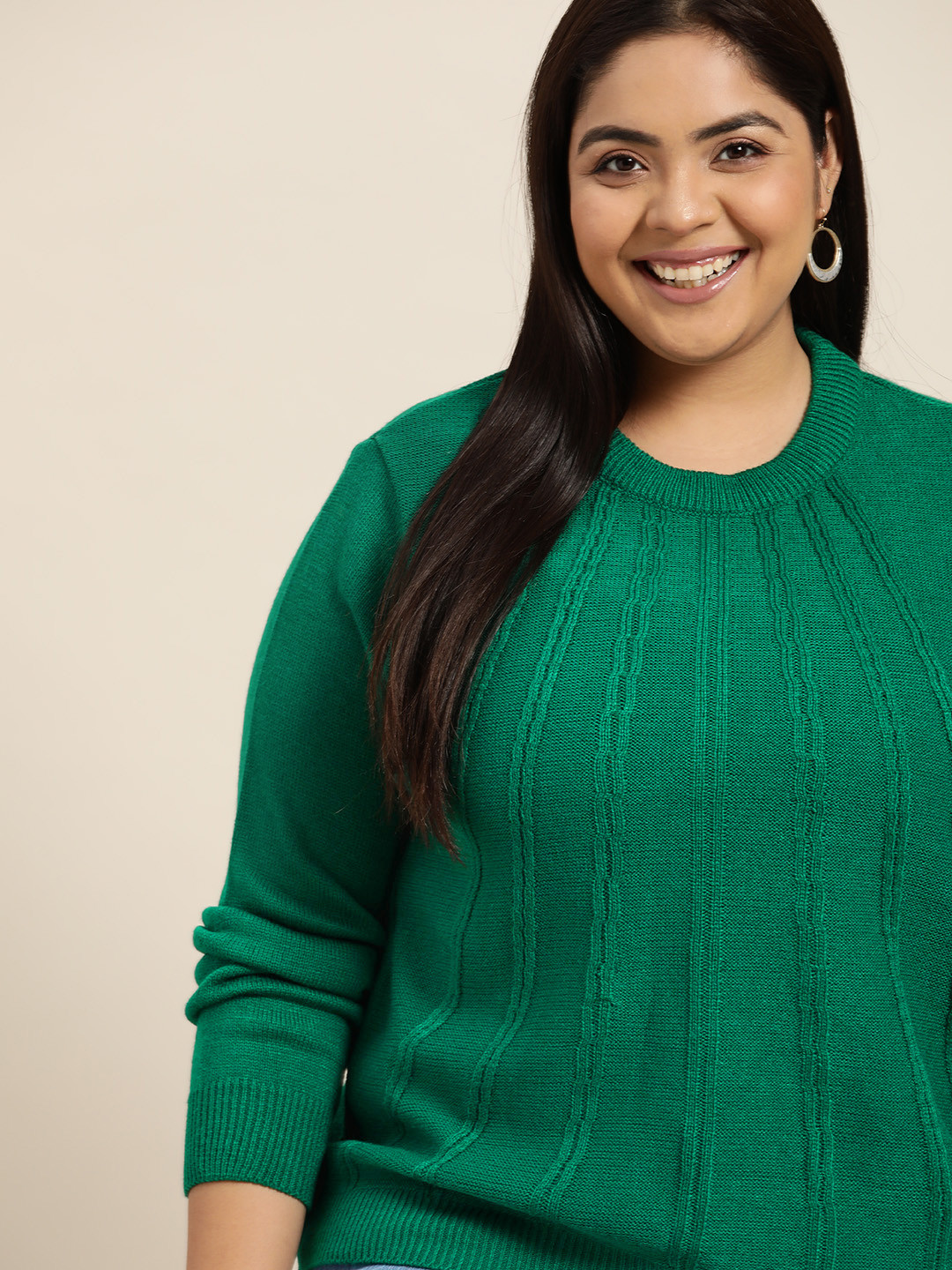 Sztori Women Plus Size Green Self-Striped Pullover 
Sztori Women Plus Size Green Self-Striped Pullover