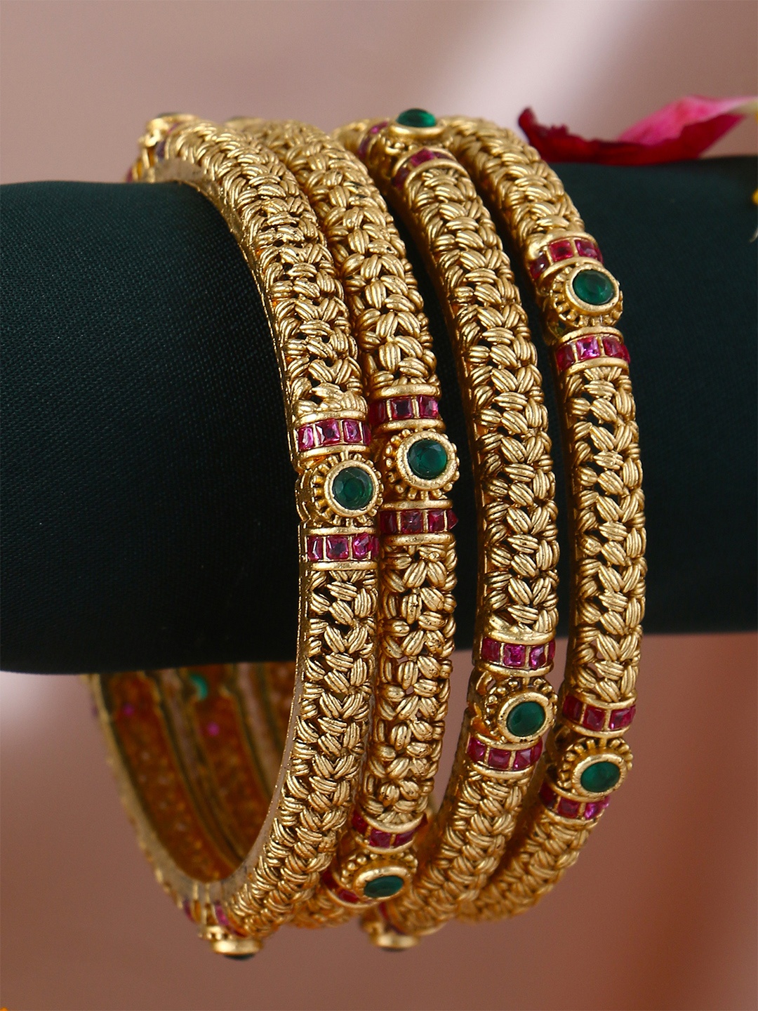 Adwitiya Collection Set Of 4 24K Gold-Plated Red & Green Stone-Studded Handcrafted Bangles
Adwitiya Collection Set Of 4 24K Gold-Plated Red & Green Stone-Studded Handcrafted Bangles