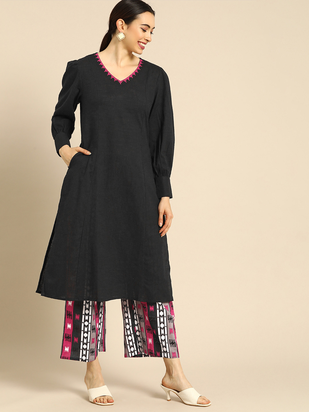 Anouk Women Multicoloured Panelled Thread Work Pure Cotton Kurta with Palazzos, Black
Anouk Women Multicoloured Panelled Thread Work Pure Cotton Kurta with Palazzos, Black