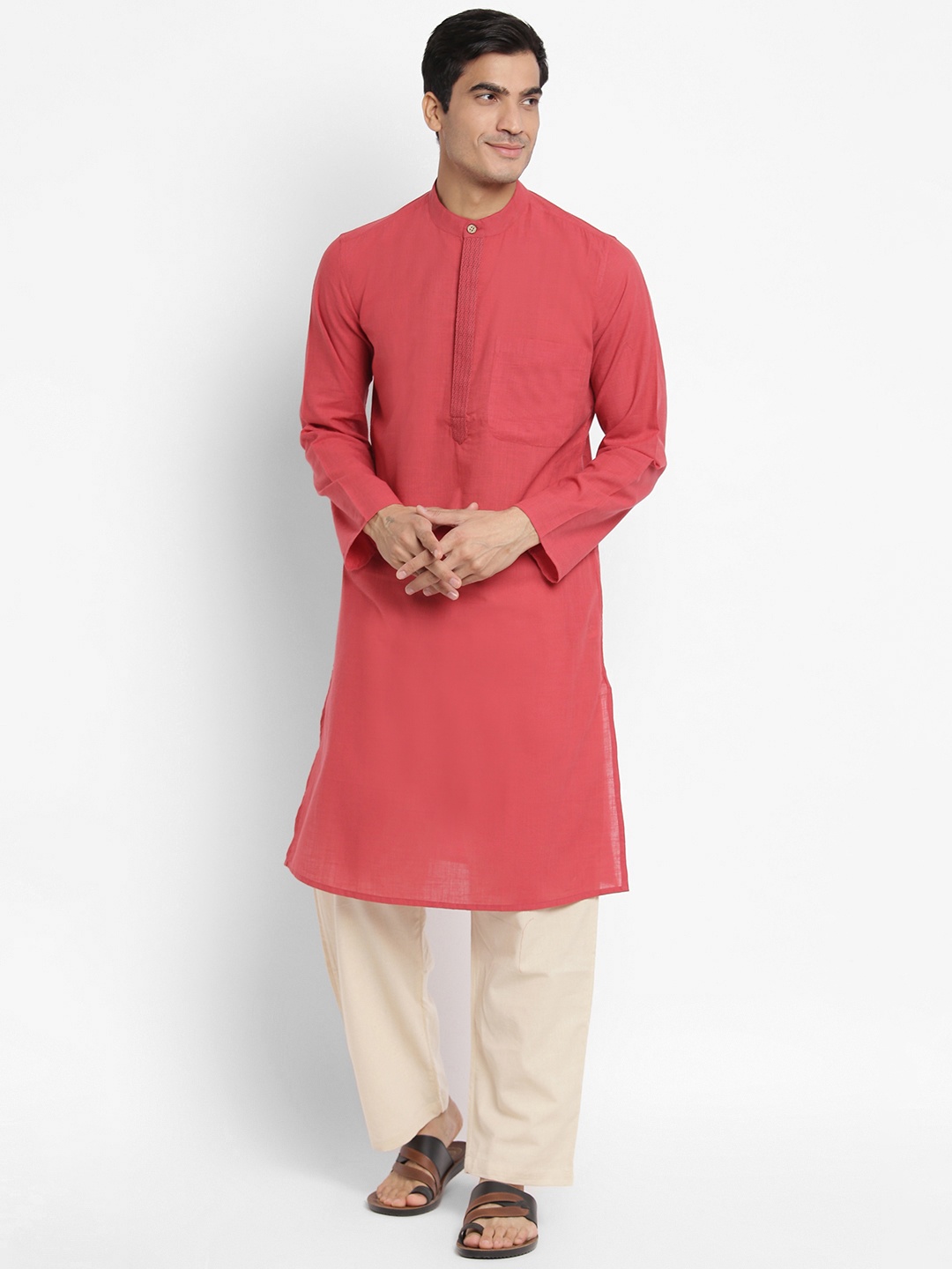 Fabindia Men Red Pure Cotton Solid Slim Fit Kurta