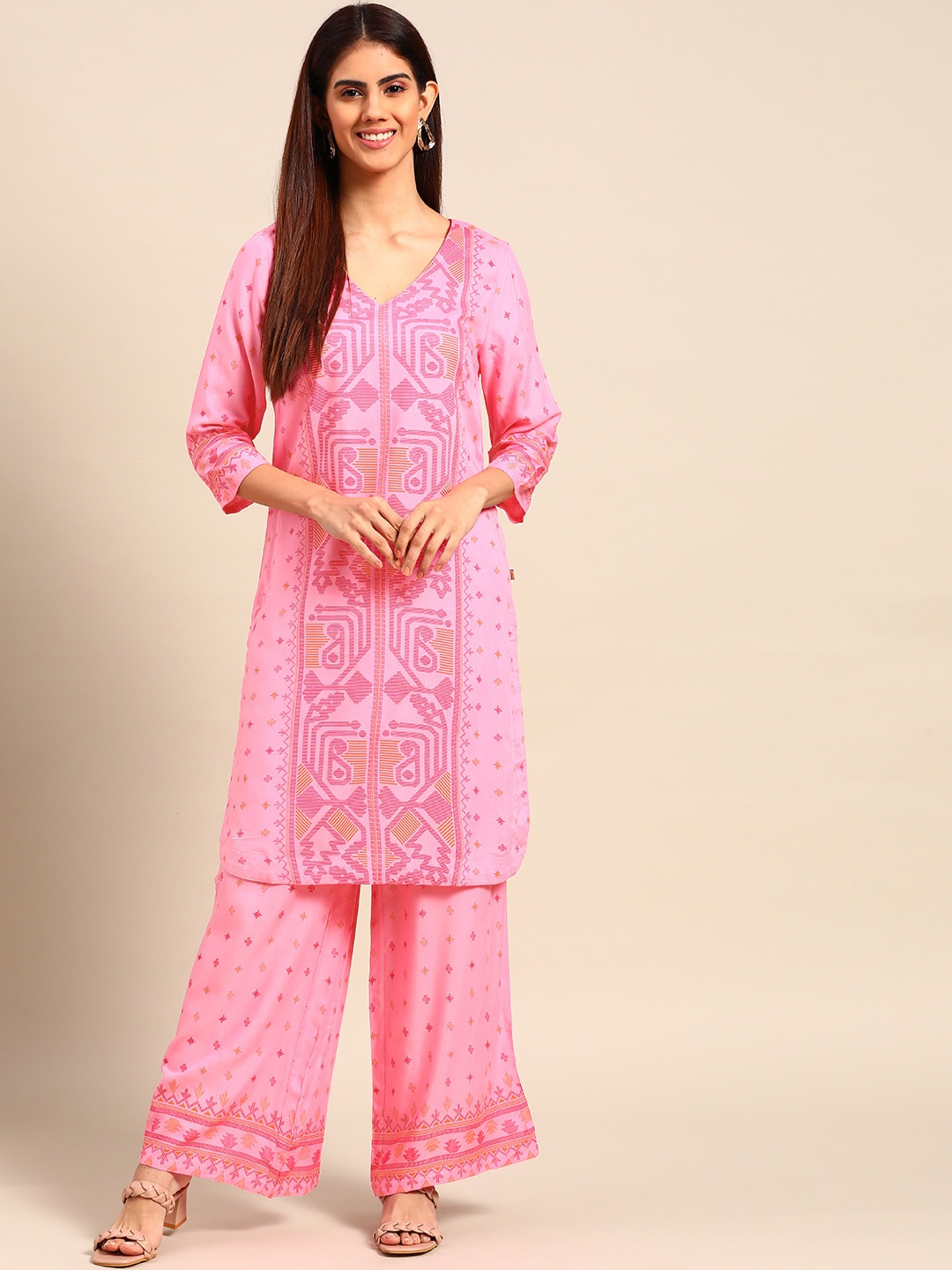 Anouk Women Pink Ethnic Motifs Printed Regular Kurta with Palazzos