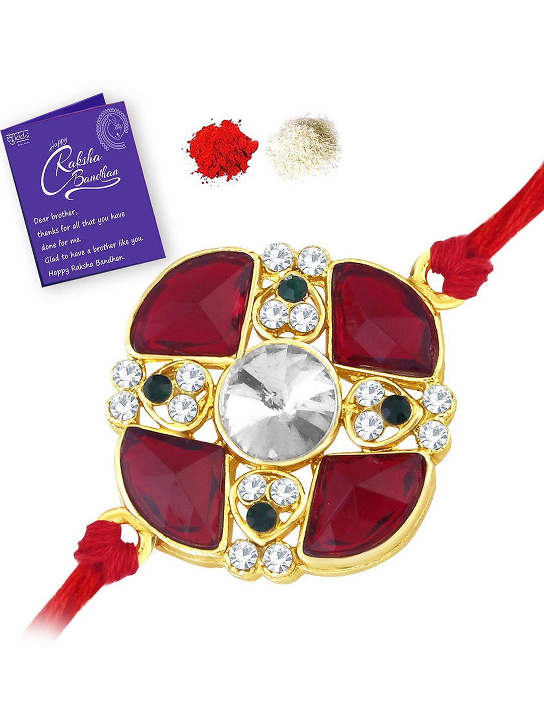 Sukkhi Rakhi Men Red & White Gold-Plated Rakhi With Roli-Chawal & Raksha Bandhan Greeting Card
Sukkhi Rakhi Men Red & White Gold-Plated Rakhi With Roli-Chawal & Raksha Bandhan Greeting Card