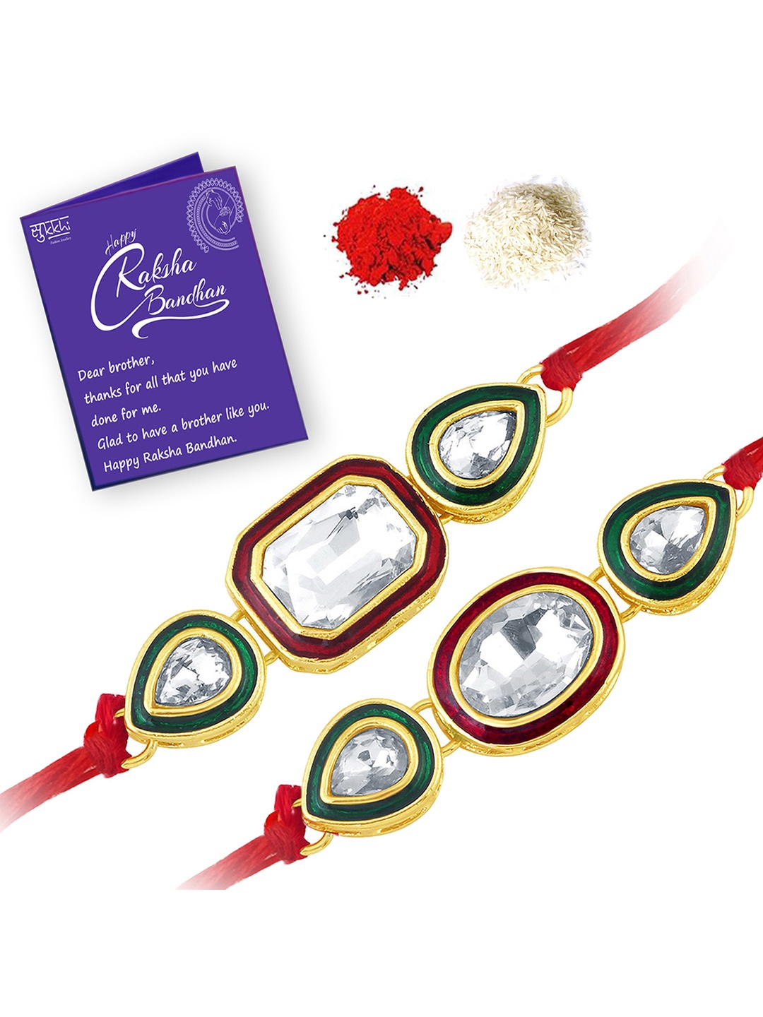 Sukkhi Rakhi Men Set Of 2 Red Gold-Plated Rakhi With Roli Chawal & Raksha Bandhan Greeting Card
Sukkhi Rakhi Men Set Of 2 Red Gold-Plated Rakhi With Roli Chawal & Raksha Bandhan Greeting Card