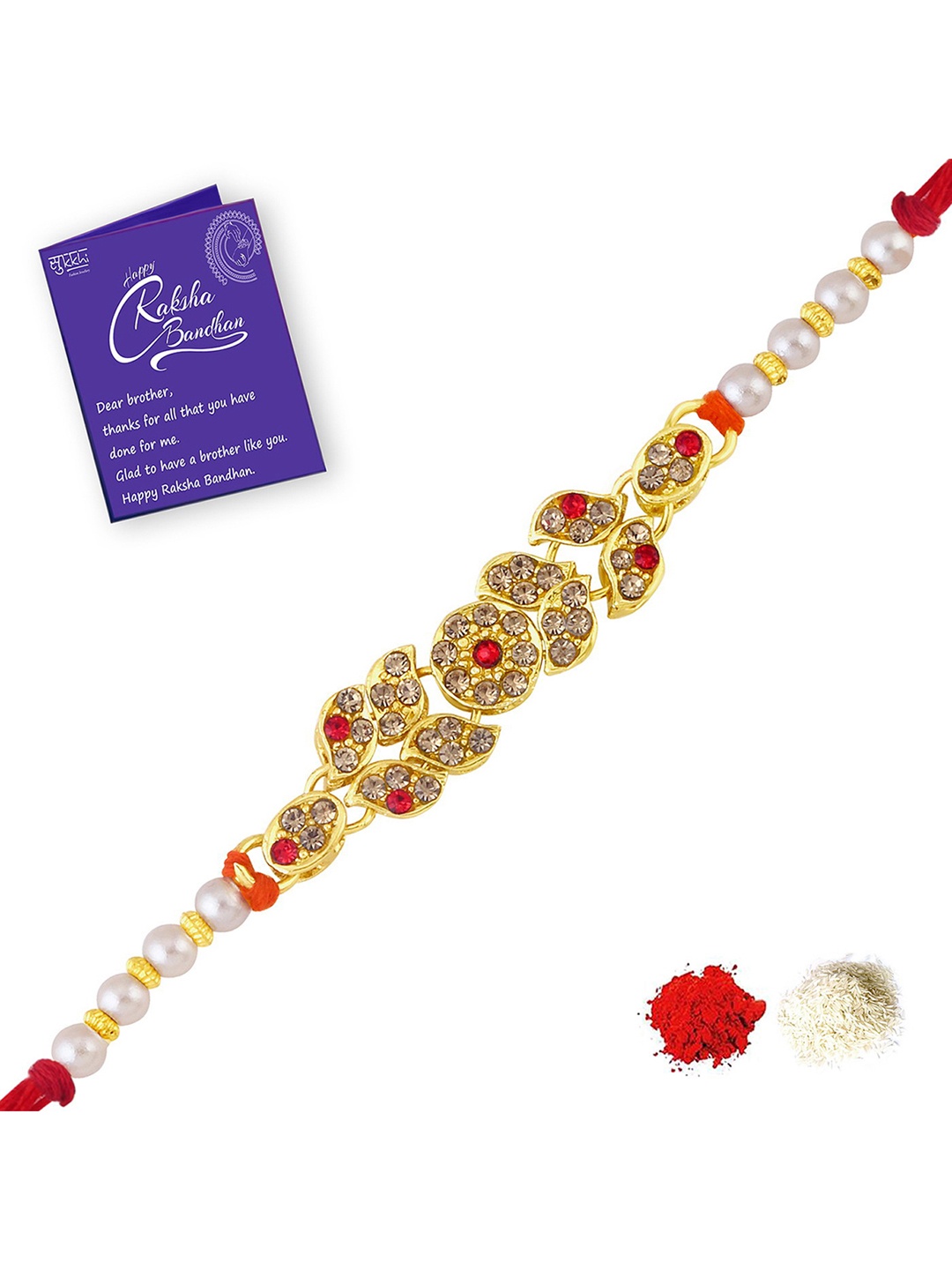 Sukkhi Rakhi Men Gold-Toned & Red Rakhi With Roli Chawal & Raksha Bandhan Greeting Card
Sukkhi Rakhi Men Gold-Toned & Red Rakhi With Roli Chawal & Raksha Bandhan Greeting Card