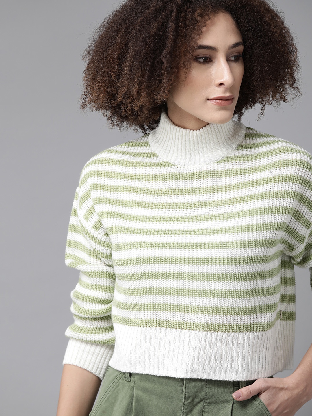 Roadster Women Green & White Striped Pullover