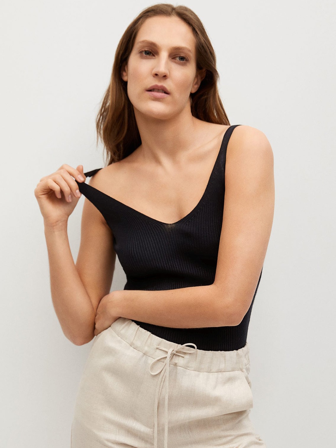 MANGO Black Ribbed Fitted Top