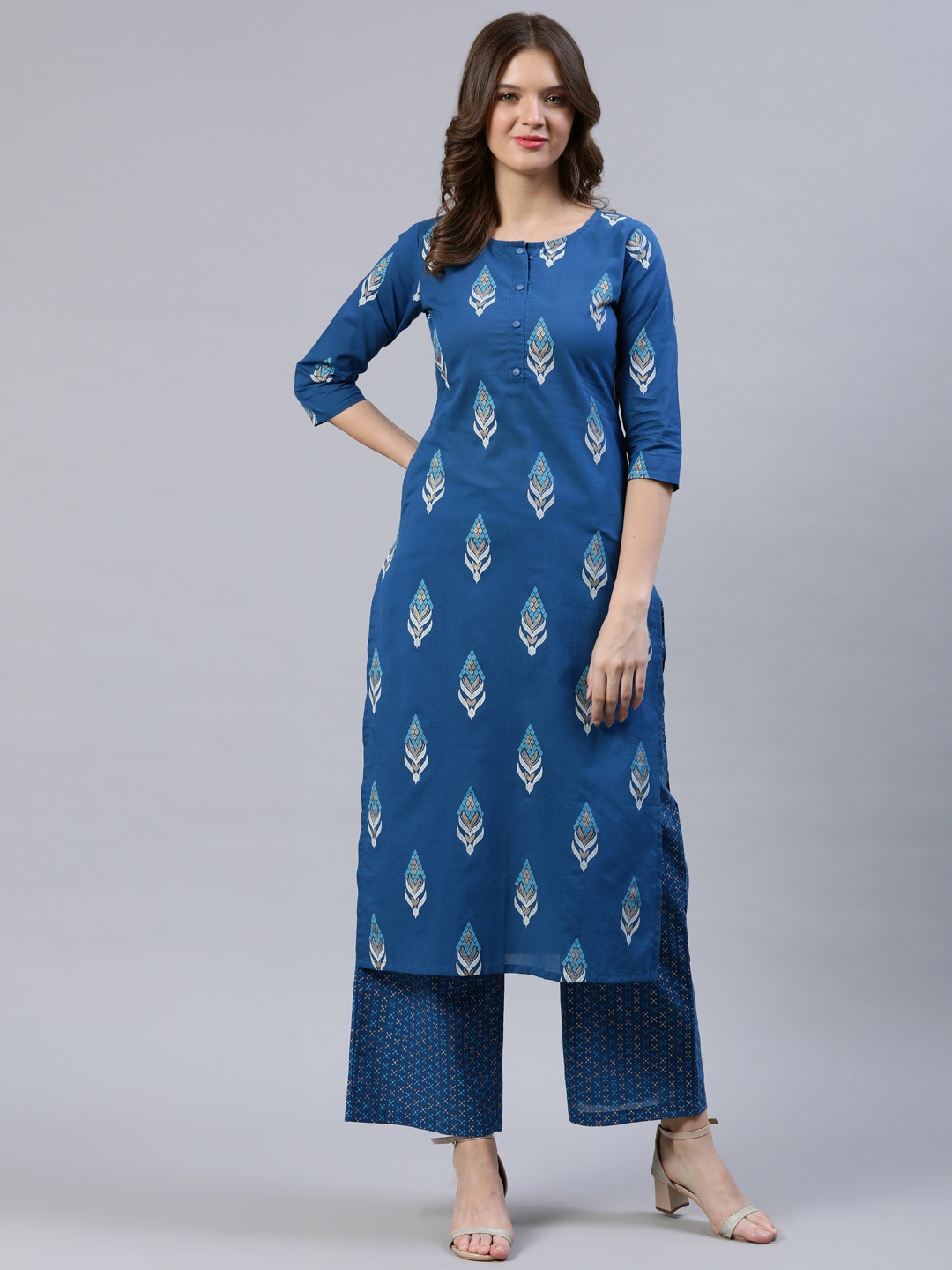 Nayo Women Teal Blue & Off-White Ethnic Screen Print Straight Pure Cotton Kurta & Palazzos
Nayo Women Teal Blue & Off-White Ethnic Screen Print Straight Pure Cotton Kurta & Palazzos