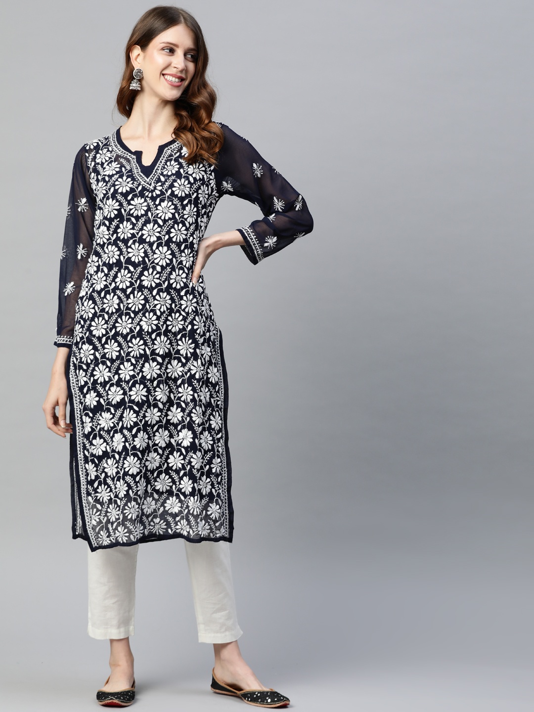 ADA Women Navy Blue & White Embroidered Chikankari Handloom Kurta with Matching Slip
ADA Women Navy Blue & White Embroidered Chikankari Handloom Kurta with Matching Slip
