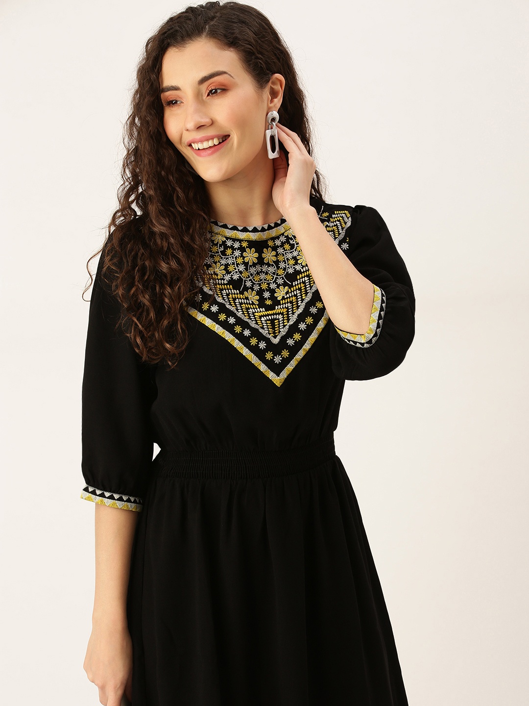 Flying Machine Black Ethnic Motifs Embroidered Bishop Sleeves Smocked Fit & Flare Dress
Flying Machine Black Ethnic Motifs Embroidered Bishop Sleeves Smocked Fit & Flare Dress