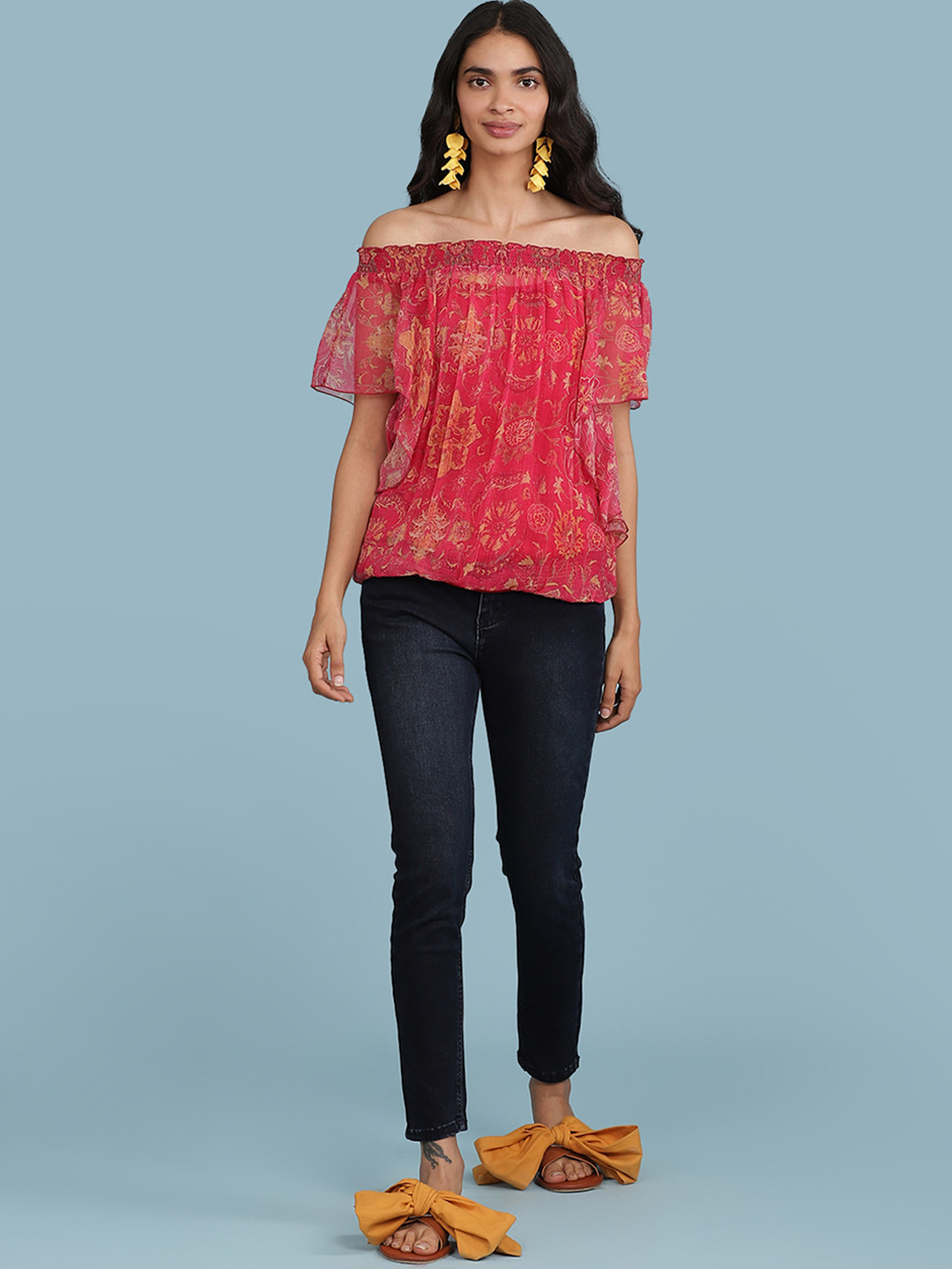 aarke Ritu Kumar Pink & Mustard Yellow Printed Off-Shoulder Flutter Sleeve Bardot Top
aarke Ritu Kumar Pink & Mustard Yellow Printed Off-Shoulder Flutter Sleeve Bardot Top