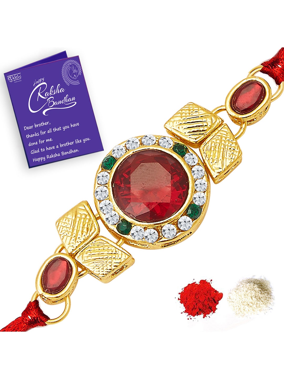 Sukkhi Rakhi Men Gold-Toned & Red Thread Rakhi With Roli Chawal And Raksha Bandhan Greeting Card
Sukkhi Rakhi Men Gold-Toned & Red Thread Rakhi With Roli Chawal And Raksha Bandhan Greeting Card