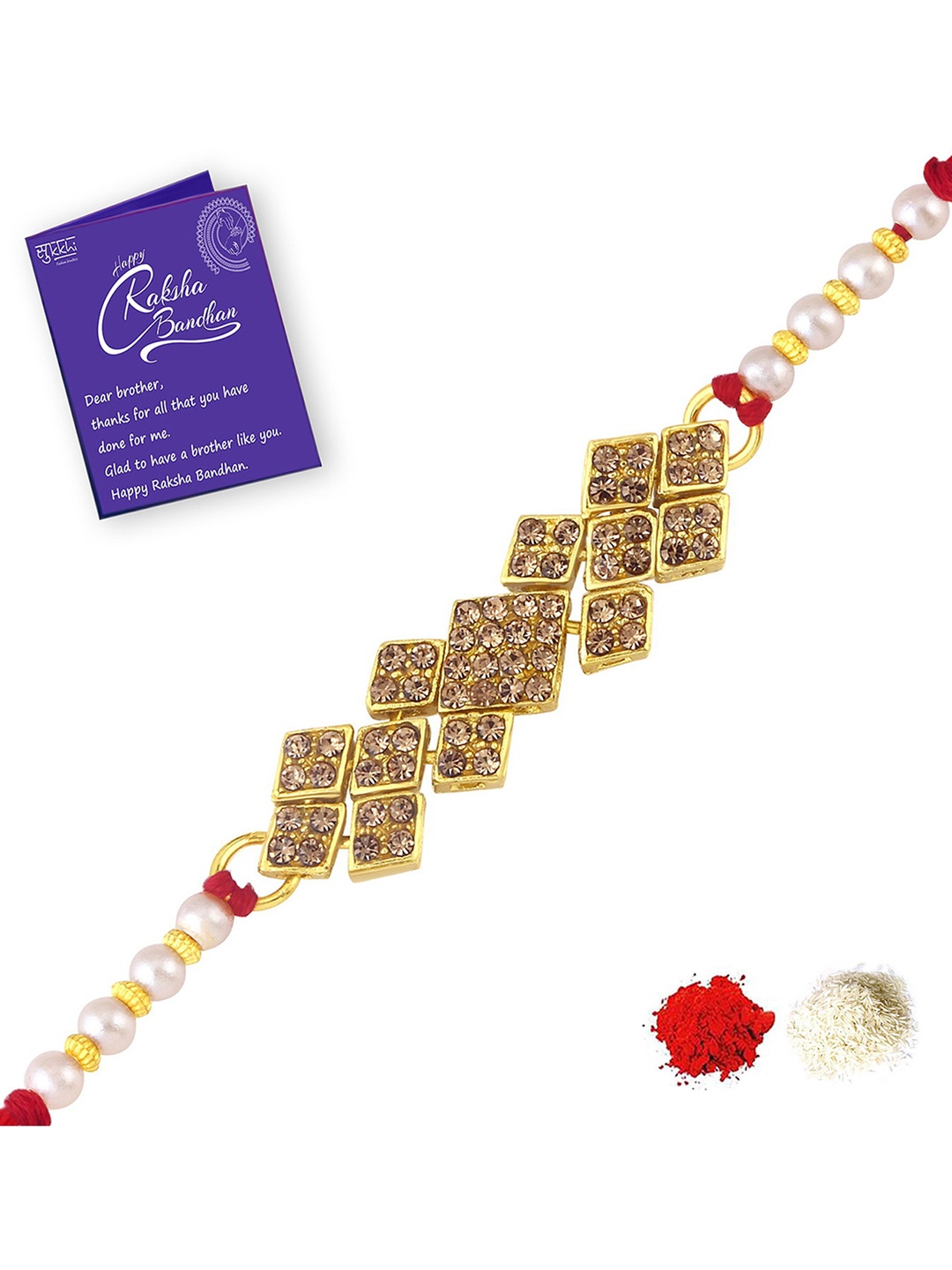 Sukkhi Rakhi Men Gold-Plated Red & White Stone-Studded Rakhi With Roli Chawal & Greeting Card
Sukkhi Rakhi Men Gold-Plated Red & White Stone-Studded Rakhi With Roli Chawal & Greeting Card