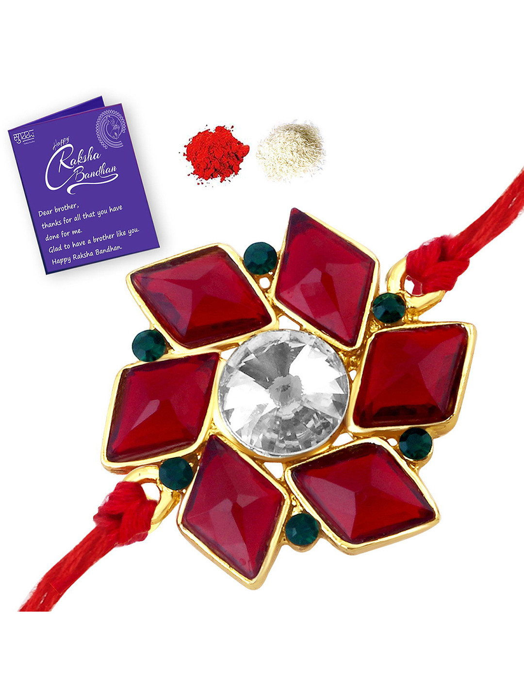 Sukkhi Rakhi Men Gold Plated Red Rakhi with Roli Chawal And Raksha Bandhan Greeting Card
Sukkhi Rakhi Men Gold Plated Red Rakhi with Roli Chawal And Raksha Bandhan Greeting Card