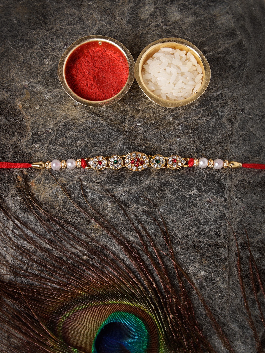 Sukkhi Rakhi Men Gold-Plated Red & White Stone-Studded & Beaded Rakhi With Roli Chawal & Raksha Bandhan Greeting Card
Sukkhi Rakhi Men Gold-Plated Red & White Stone-Studded & Beaded Rakhi With Roli Chawal & Raksha Bandhan Greeting Card