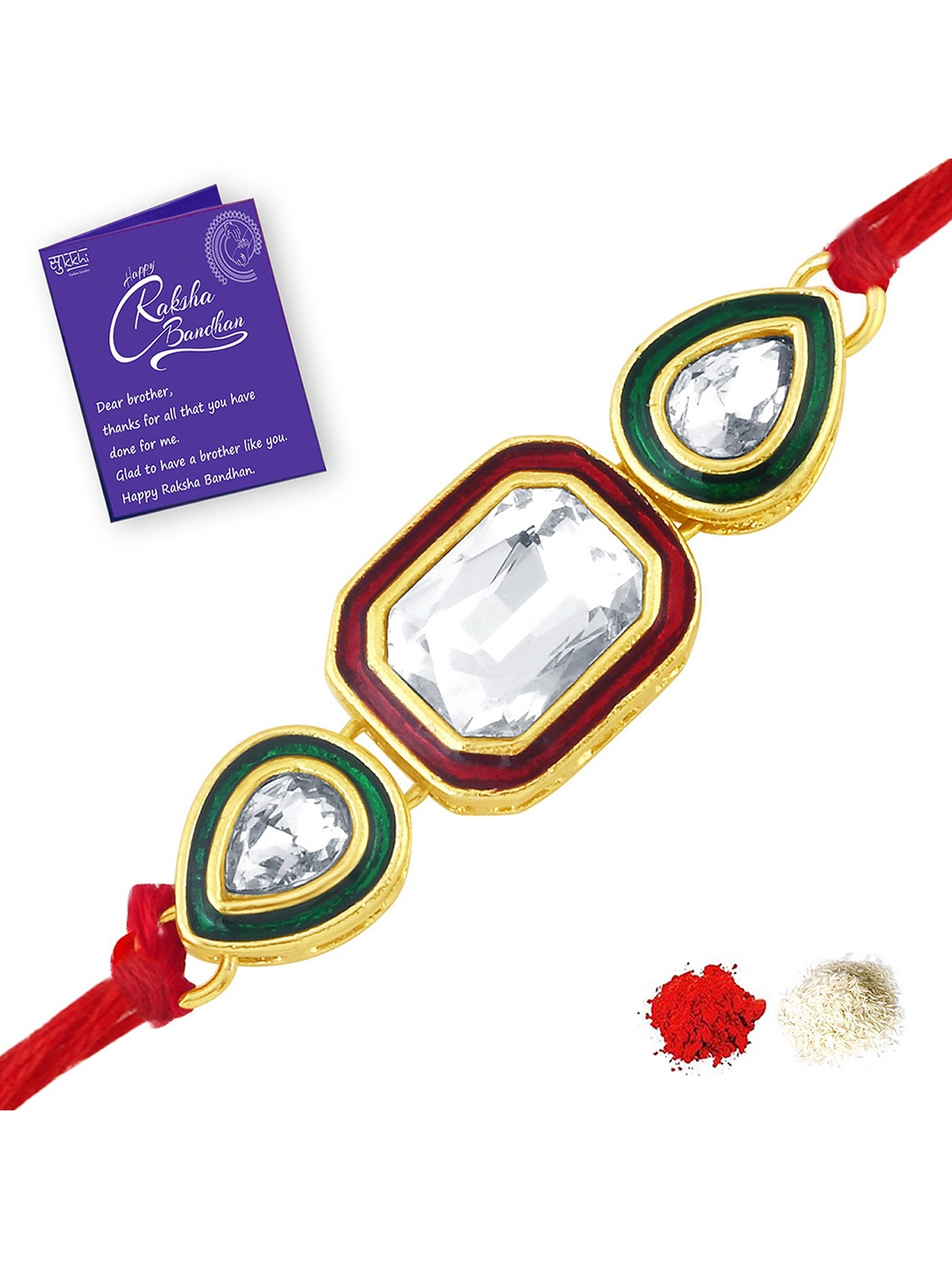 Sukkhi Rakhi Men Gold Plated Red Rakhi With Roli Chawal And Raksha Bandhan Greeting Card
Sukkhi Rakhi Men Gold Plated Red Rakhi With Roli Chawal And Raksha Bandhan Greeting Card
