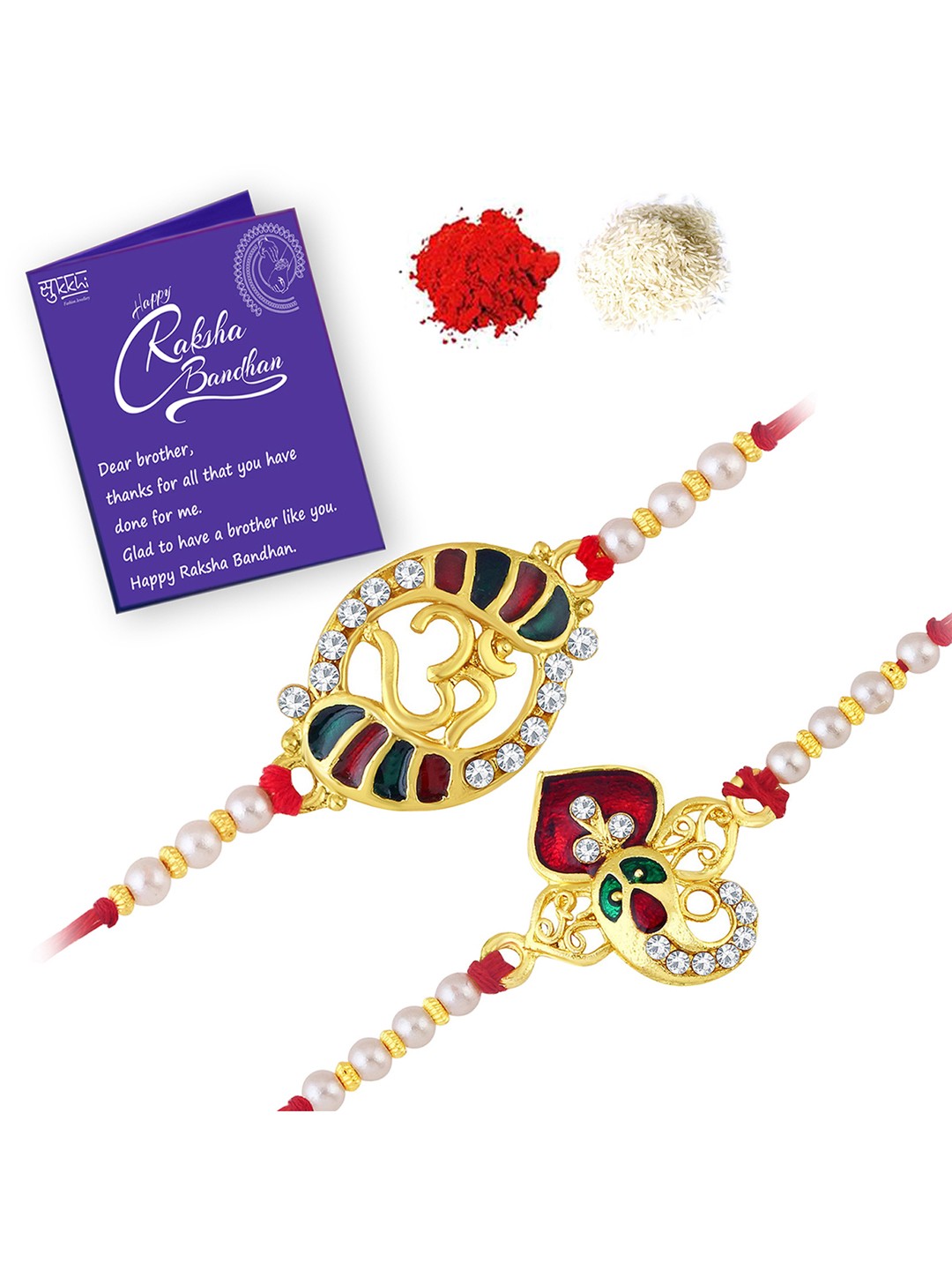 Sukkhi Rakhi Men Set Of 2 Gold-Plated Red & White Stone-Studded & Beaded Rakhi With Roli Chawal & Raksha Bandhan Greeting Card
Sukkhi Rakhi Men Set Of 2 Gold-Plated Red & White Stone-Studded & Beaded Rakhi With Roli Chawal & Raksha Bandhan Greeting Card