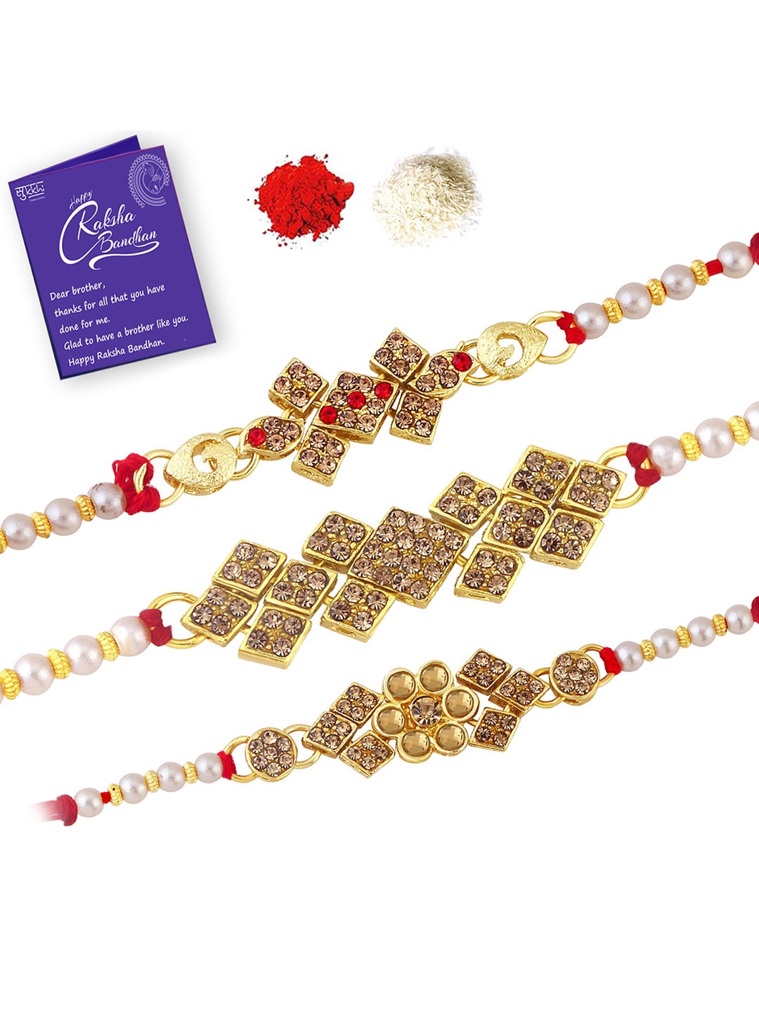 Sukkhi Rakhi Men Set Of 3 Gold-Plated Brown Stone-Studded & White Beaded Rakhis With Roli Chawal & Raksha Bandhan Greeting Card
Sukkhi Rakhi Men Set Of 3 Gold-Plated Brown Stone-Studded & White Beaded Rakhis With Roli Chawal & Raksha Bandhan Greeting Card