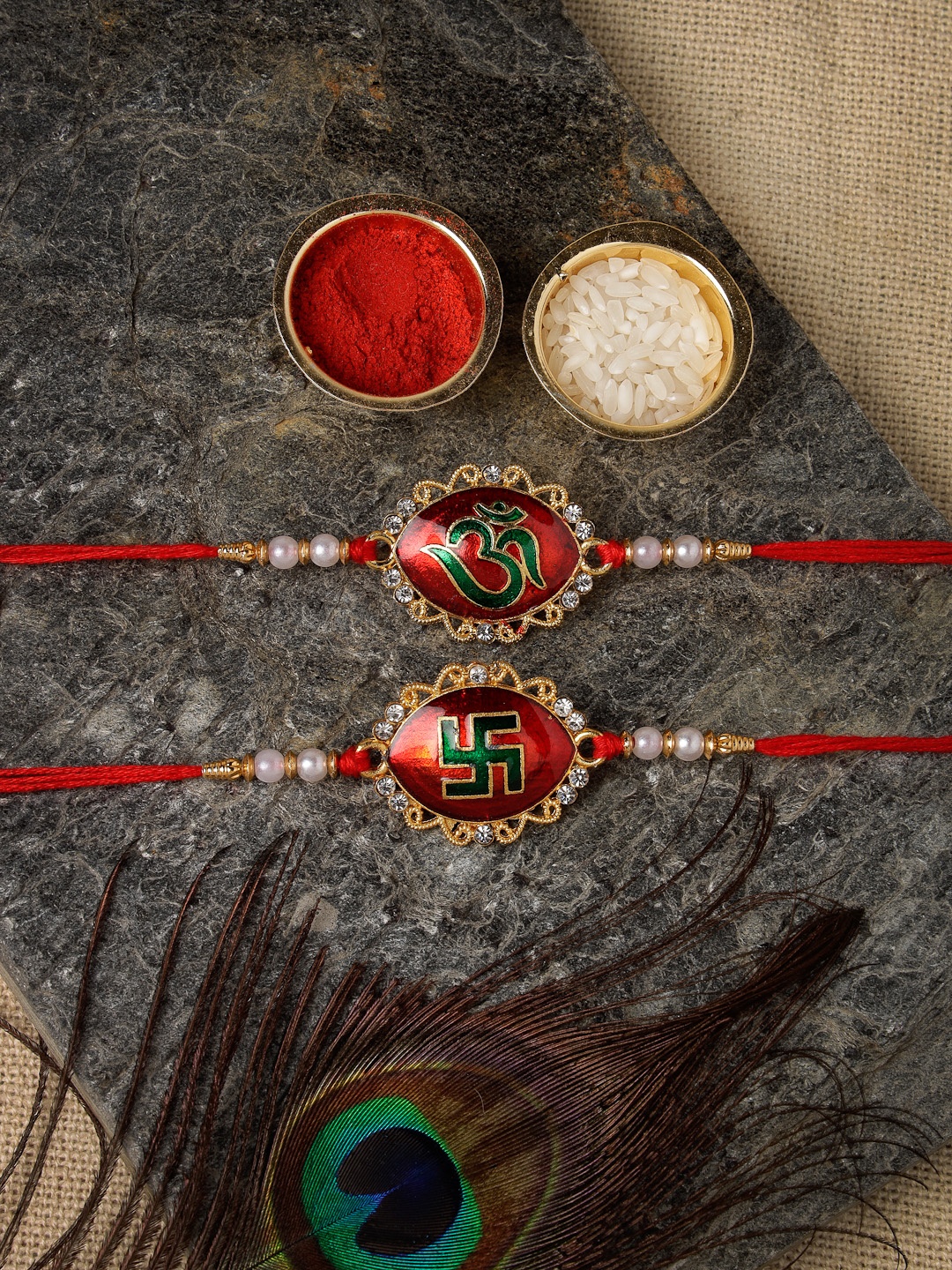 Sukkhi Rakhi Men Set Of 2 Gold-Plated Red & White Stone-Studded Rakhi With Roli Chawal & Greeting Card
Sukkhi Rakhi Men Set Of 2 Gold-Plated Red & White Stone-Studded Rakhi With Roli Chawal & Greeting Card