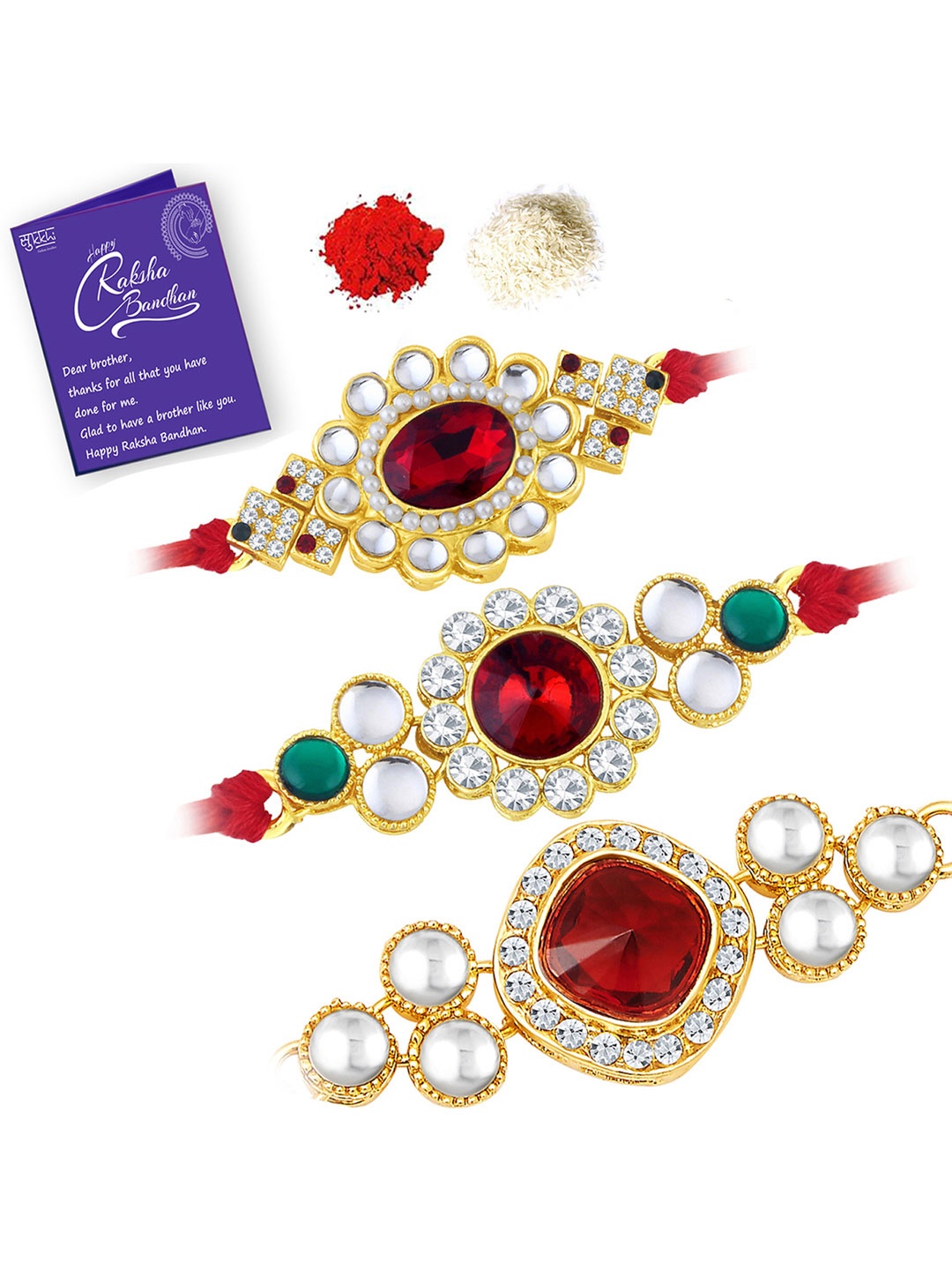 Sukkhi Rakhi Men Set Of 3 Gold-Plated Red & White Stone-Studded Rakhi With Roli Chawal & Greeting Card
Sukkhi Rakhi Men Set Of 3 Gold-Plated Red & White Stone-Studded Rakhi With Roli Chawal & Greeting Card