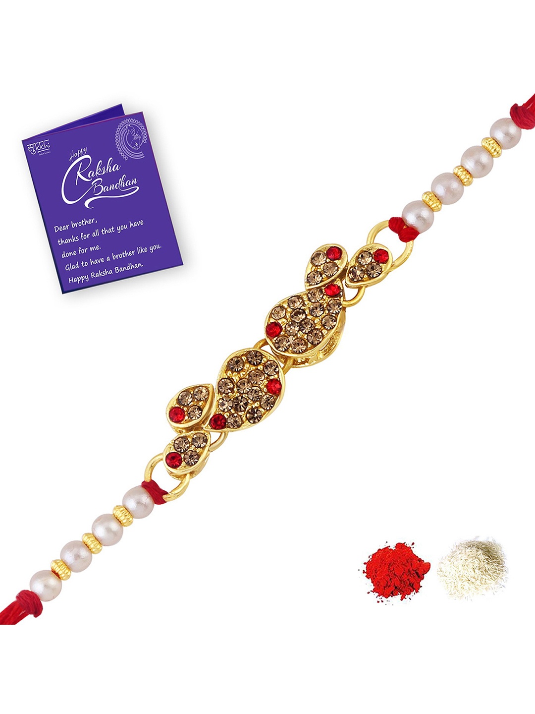 Sukkhi Rakhi Men Gold-Plated Red & White Stone-Studded Rakhi With Roli Chawal & Raksha Bandhan Greeting Card
Sukkhi Rakhi Men Gold-Plated Red & White Stone-Studded Rakhi With Roli Chawal & Raksha Bandhan Greeting Card