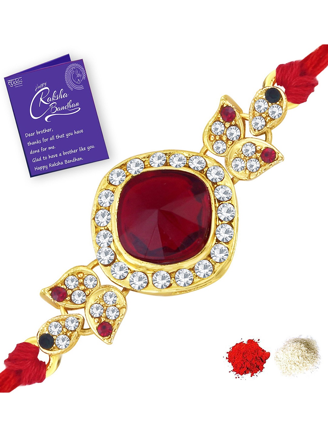 Sukkhi Rakhi Men Gold-Plated Maroon Stone-Studded Rakhi With Roli Chawal & Greeting Card
Sukkhi Rakhi Men Gold-Plated Maroon Stone-Studded Rakhi With Roli Chawal & Greeting Card