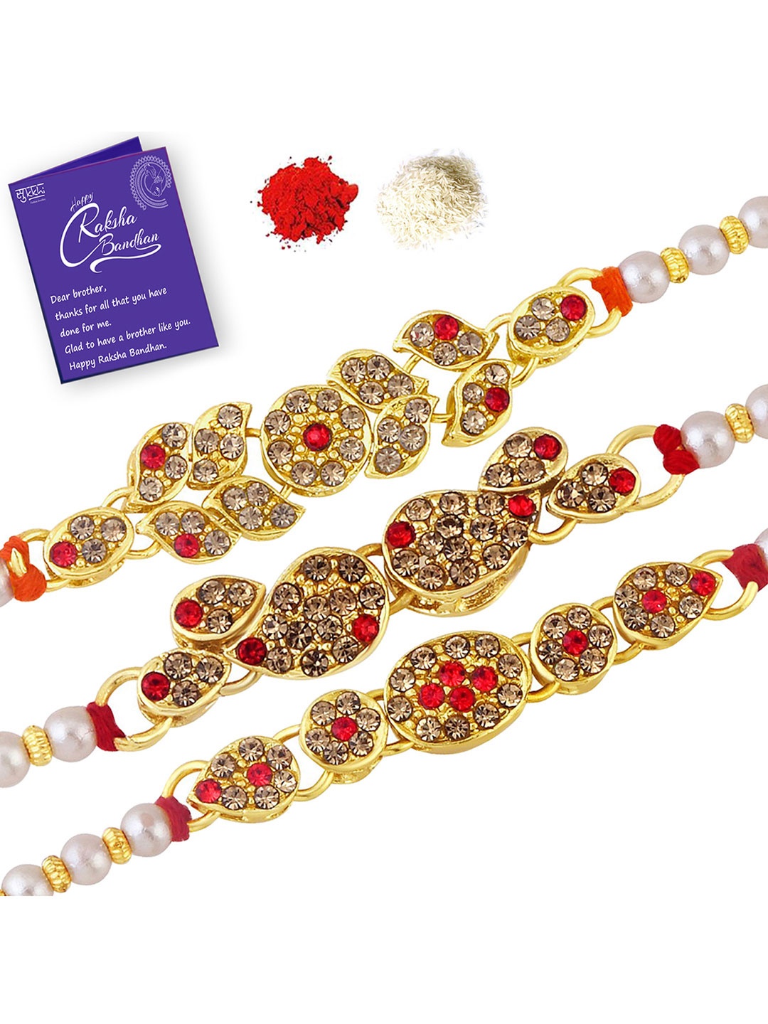 Sukkhi Rakhi Men Set Of 3 Red Gold-Plated Stone-Studded Rakhi With Roli Chawal & Greeting Card
Sukkhi Rakhi Men Set Of 3 Red Gold-Plated Stone-Studded Rakhi With Roli Chawal & Greeting Card