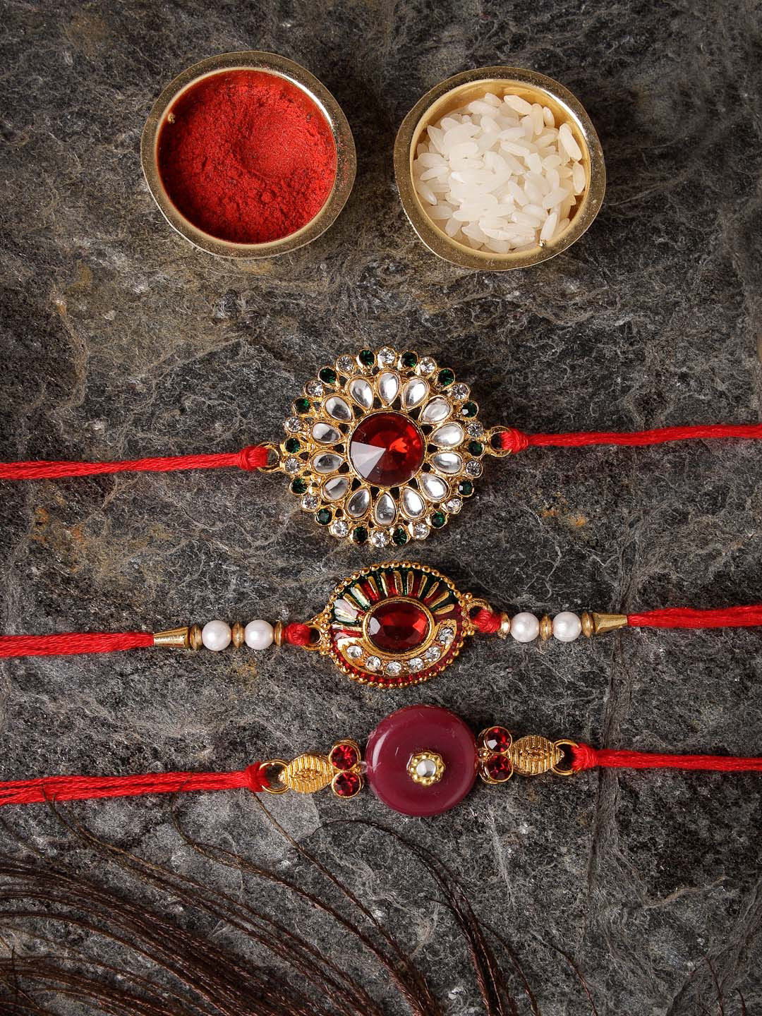 Sukkhi Rakhi Men Set Of 3 Red Gold-Plated Stone-Studded Rakhi With Roli Chawal & Greeting Card
Sukkhi Rakhi Men Set Of 3 Red Gold-Plated Stone-Studded Rakhi With Roli Chawal & Greeting Card