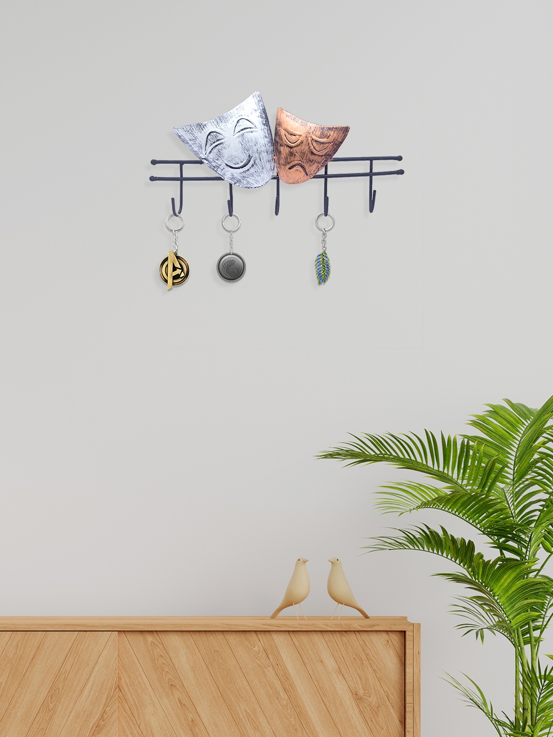 Golden Peacock Copper-Toned & Silver-Toned Happy Sad Face Style Wall Hanging Key Holder
Golden Peacock Copper-Toned & Silver-Toned Happy Sad Face Style Wall Hanging Key Holder