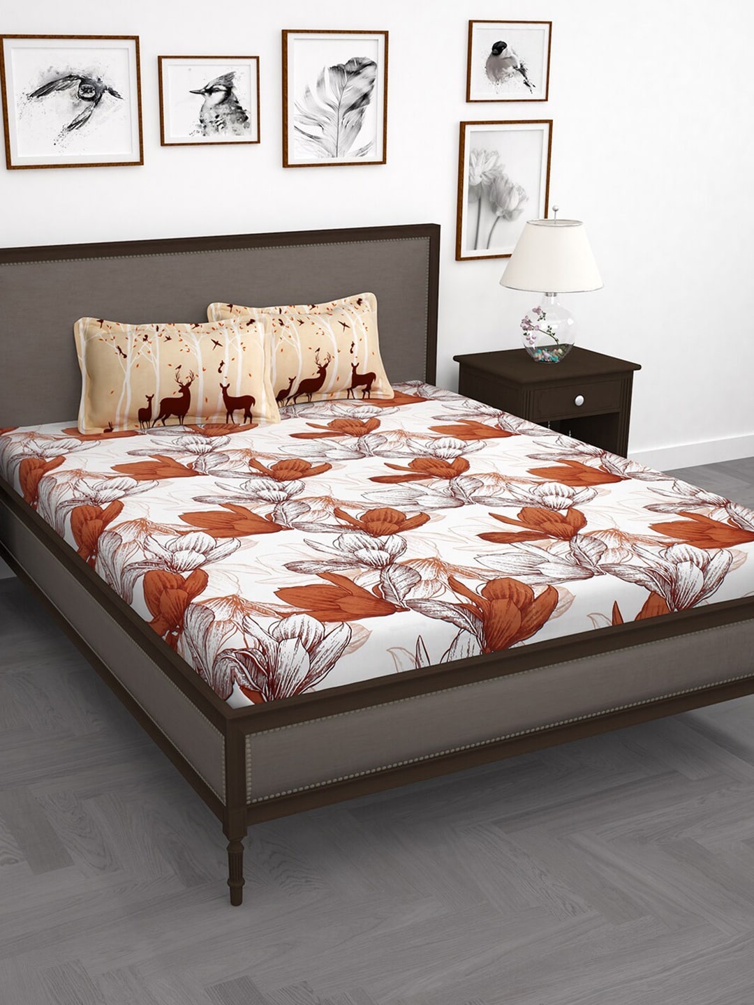 Story@home White & Orange Floral Cotton 1 King Bedsheet with 2 Pillow Covers
