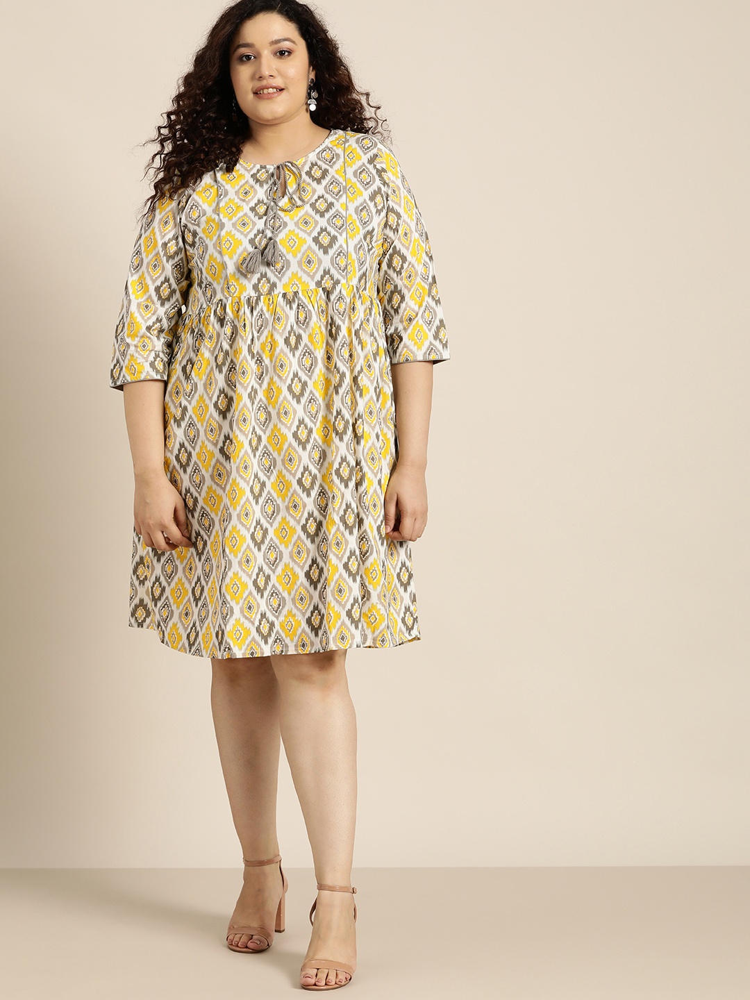 Sztori Women Plus Size Off White & Yellow Ethnic Motifs A-Line Midi Dress