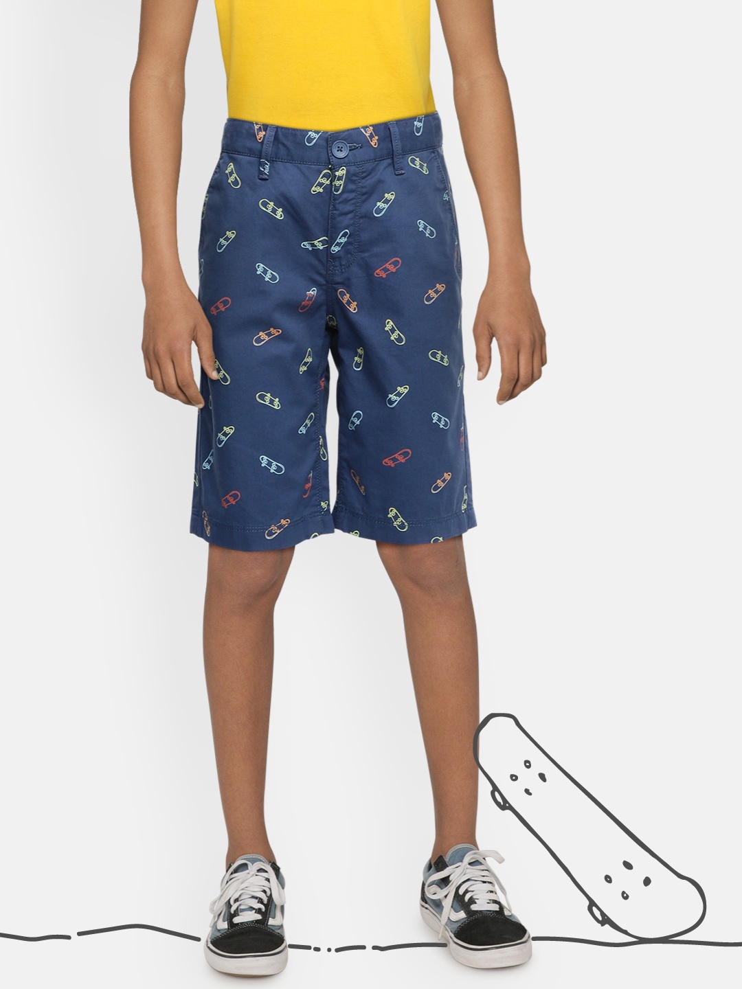 Indian Terrain Boys Navy Blue Printed Slim Fit Mid-Rise Pure Cotton Chino Shorts