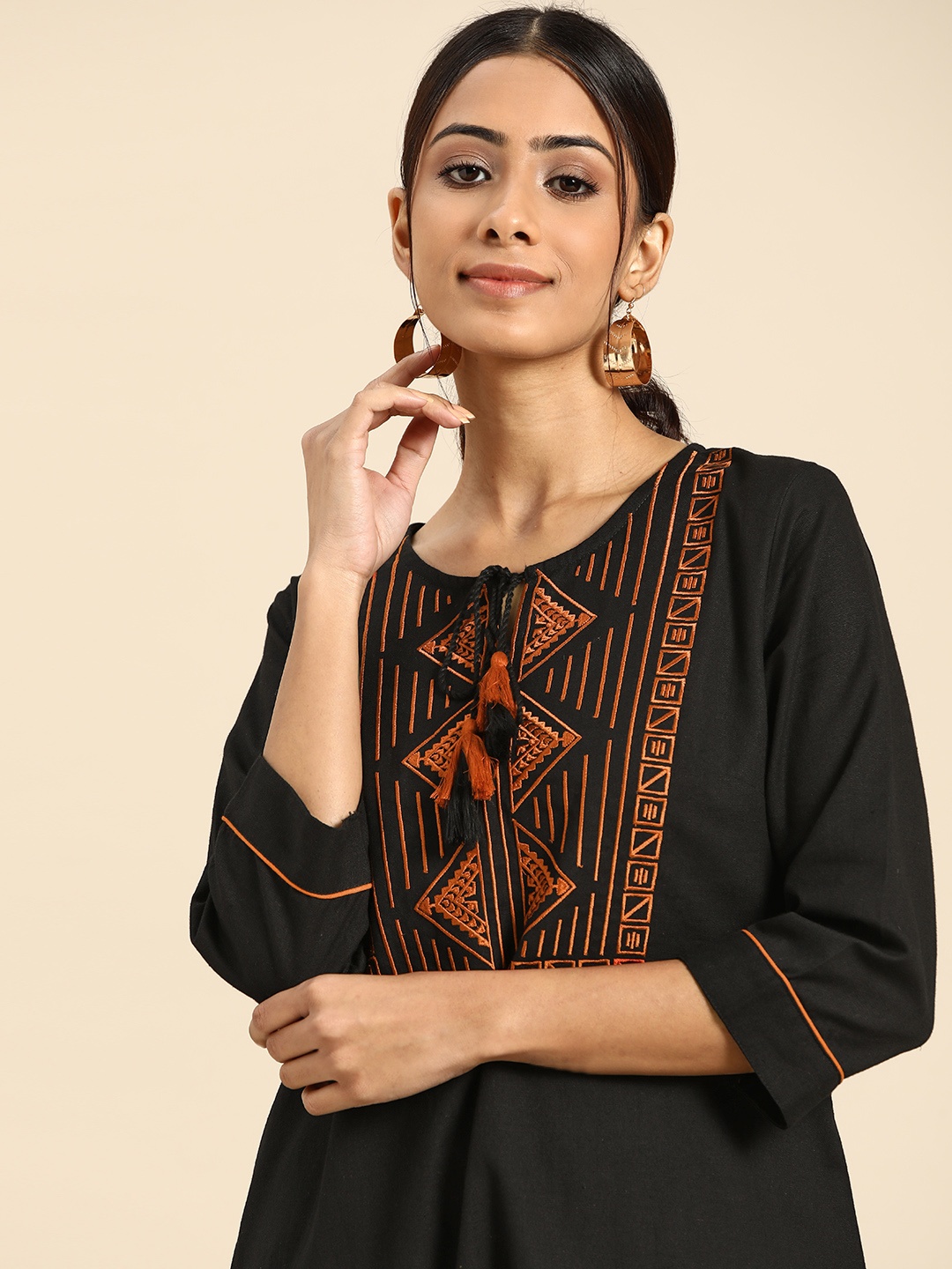 all about you Women Black & Rust Orange Geometric Yoke Design Thread Work Straight Kurta
all about you Women Black & Rust Orange Geometric Yoke Design Thread Work Straight Kurta