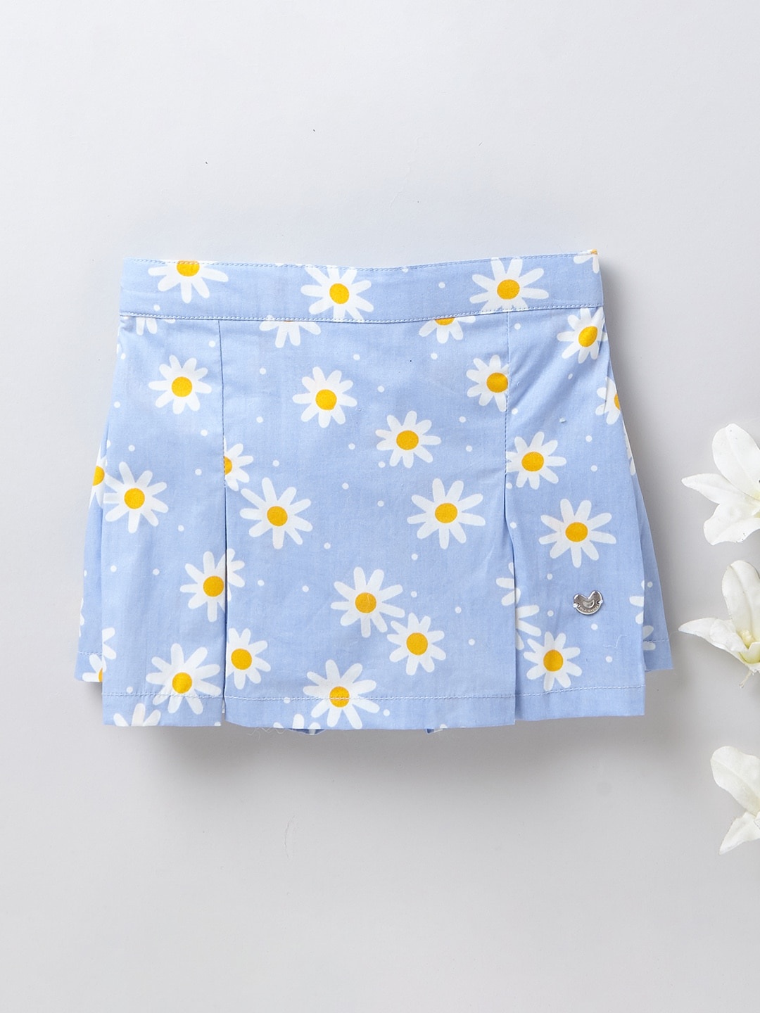 Ed-a-Mamma Girls Blue Floral Printed Sustainable Skorts with Pleats