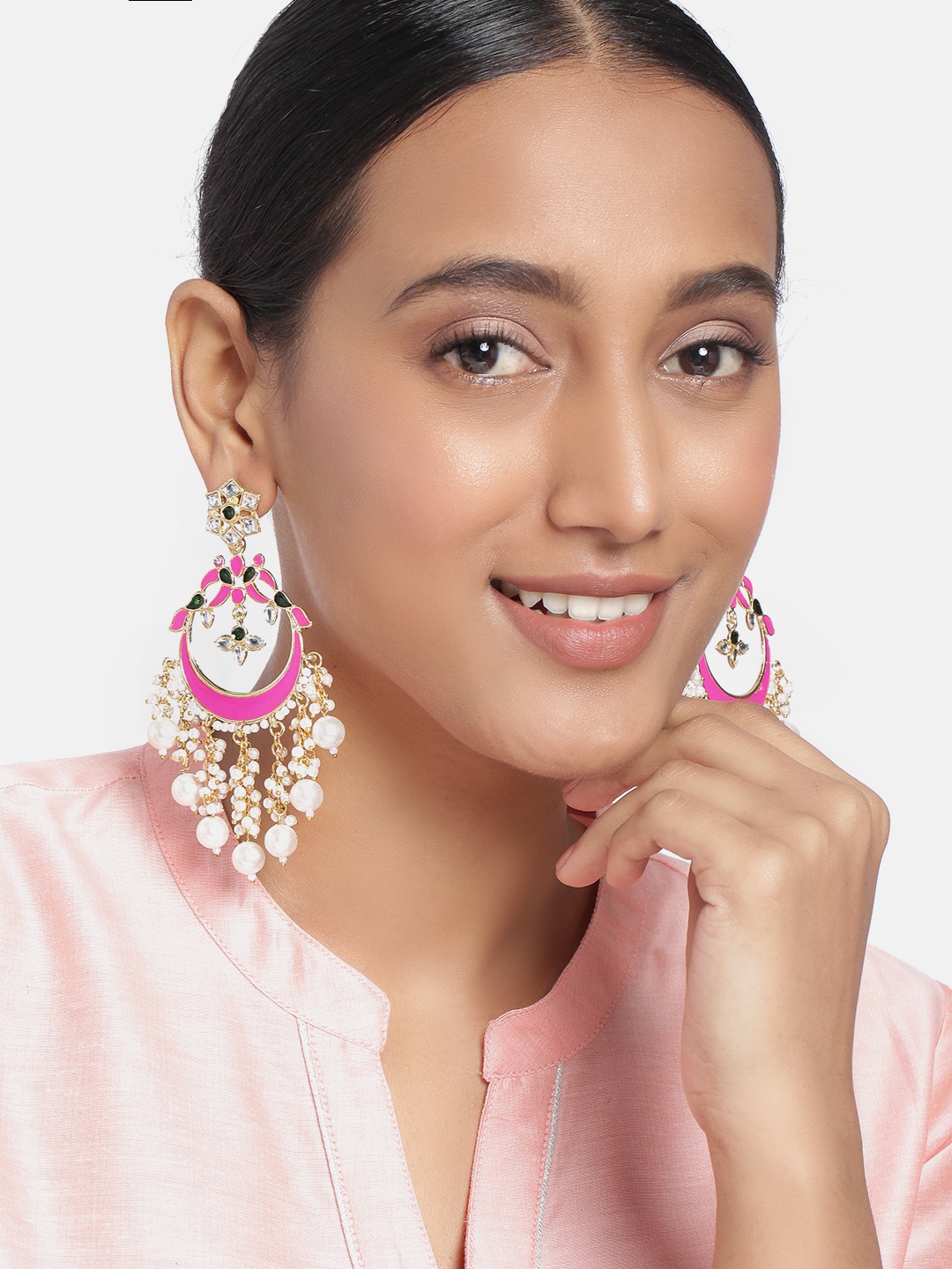 Peora Gold-Plated Pink & White Crescent Shaped Handcrafted Kundan Meenakari Chandbalis
Peora Gold-Plated Pink & White Crescent Shaped Handcrafted Kundan Meenakari Chandbalis