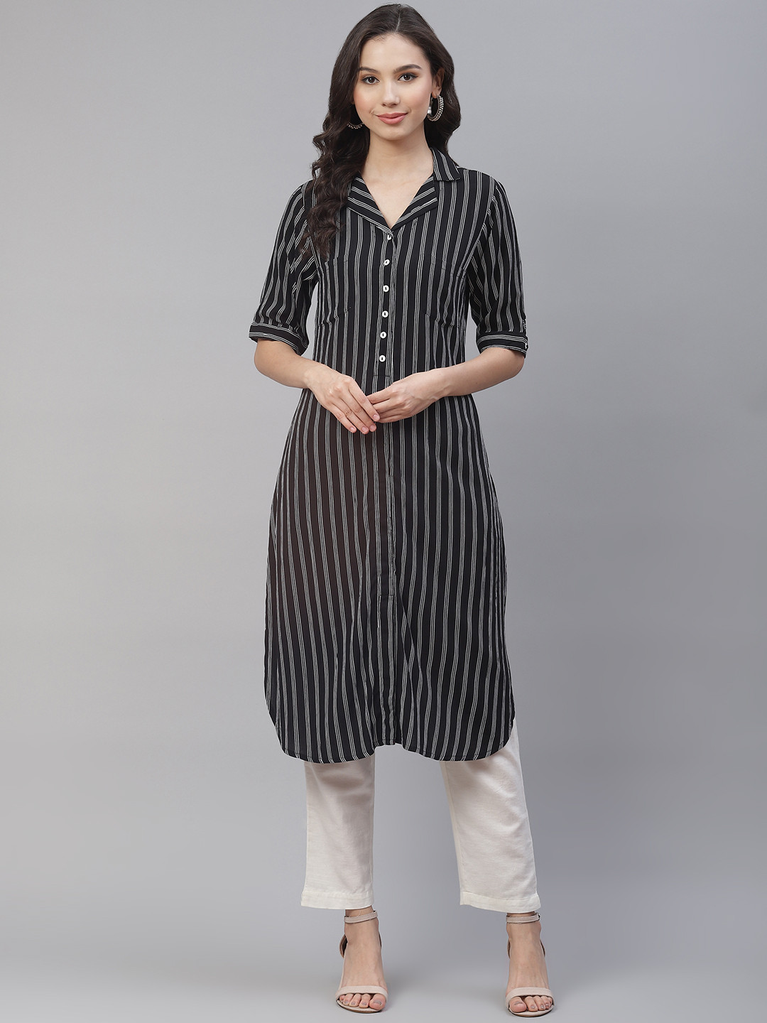 Ayaany Women Black & White Striped Kurta 
Ayaany Women Black & White Striped Kurta