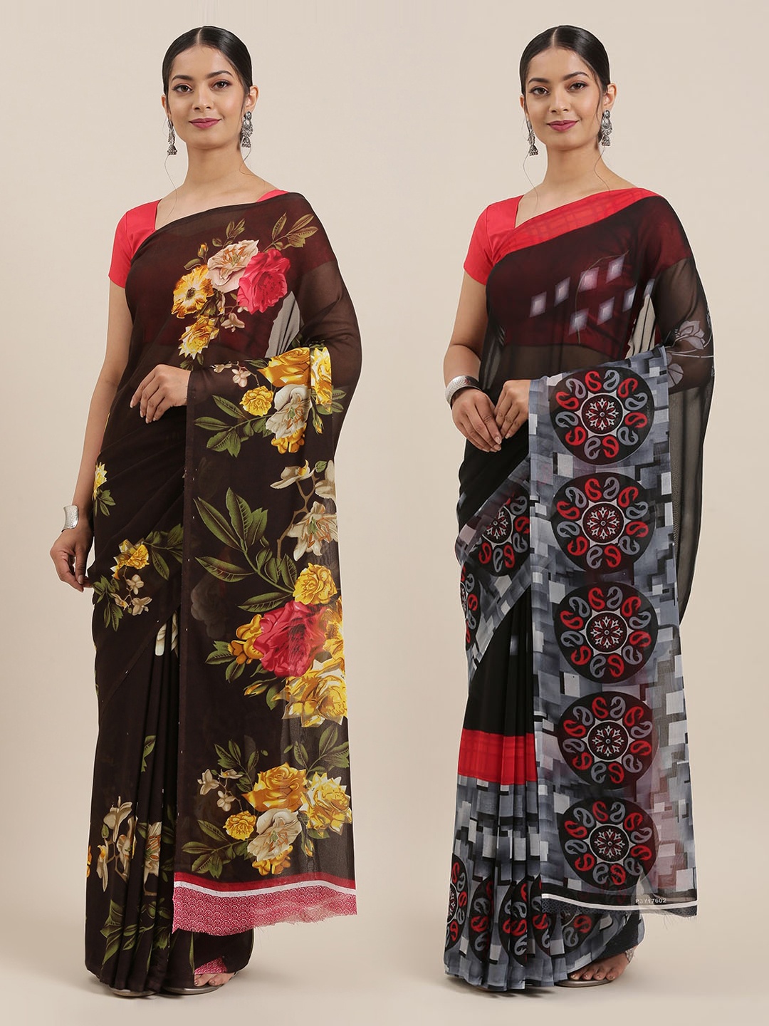 ANAND SAREES Women Pack of 2 Printed Sarees, Black