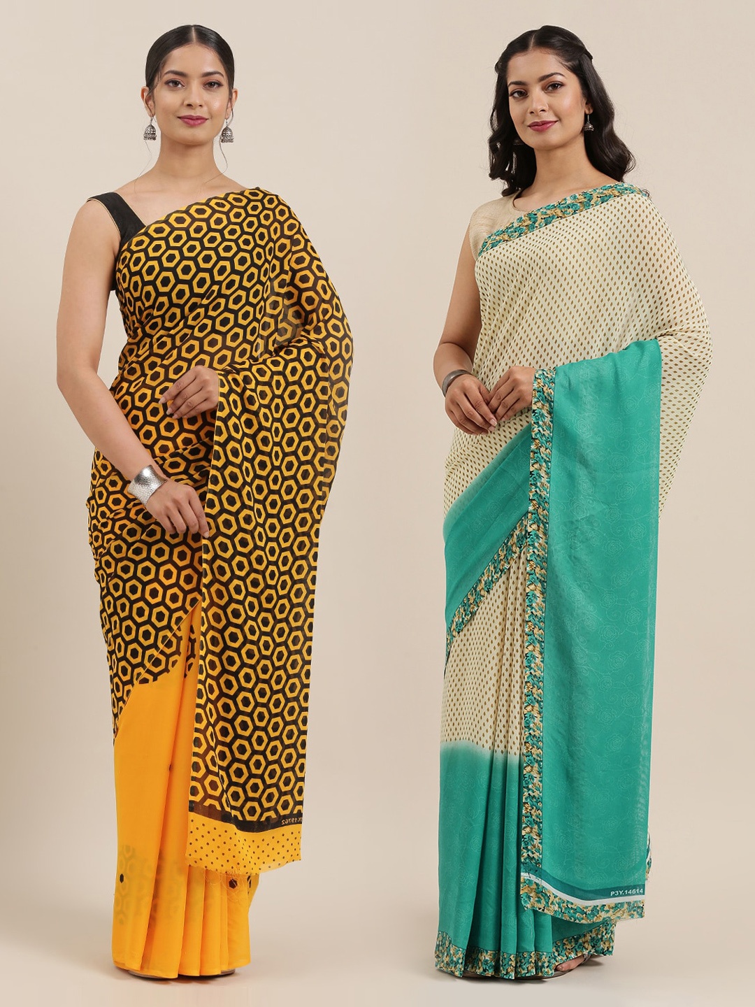 KALINI Women Pack of 2 Printed Sarees, Off white