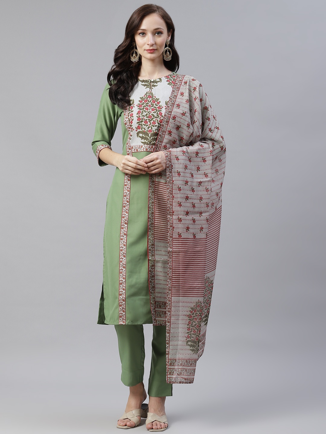 ZIYAA Women Green & Red Ethnic Motifs Printed Straight Kurta with Trousers & Dupatta